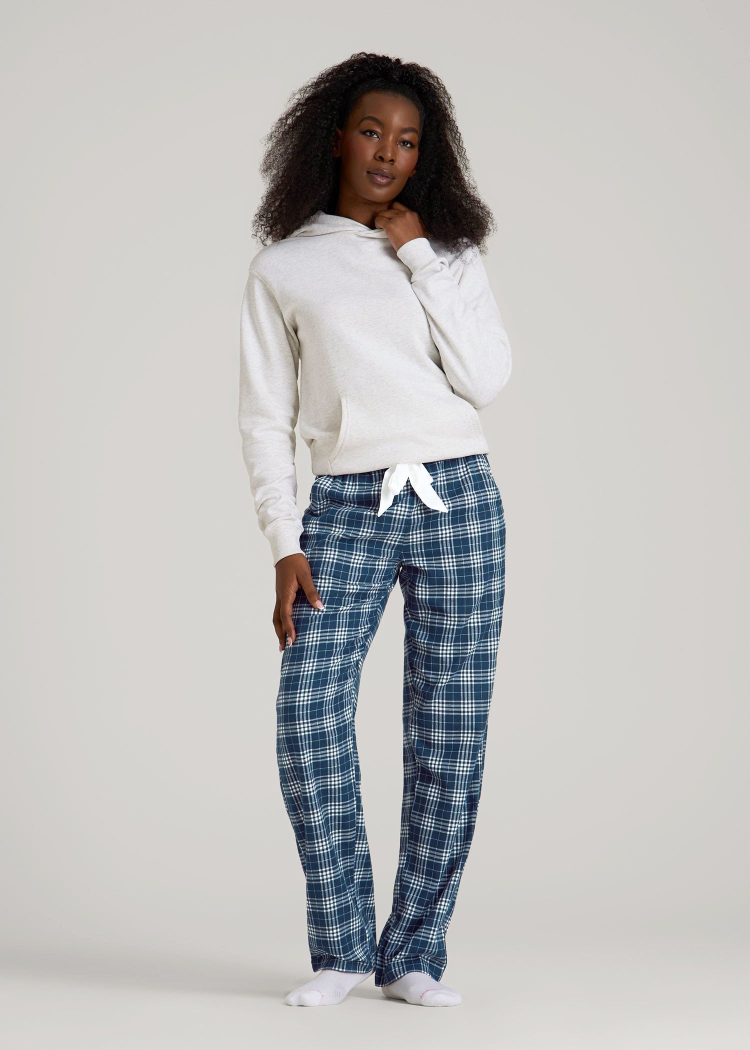 American Tall Discount | Tie Waist Flannel Pajama Pants for Tall Women in Navy and White Plaid