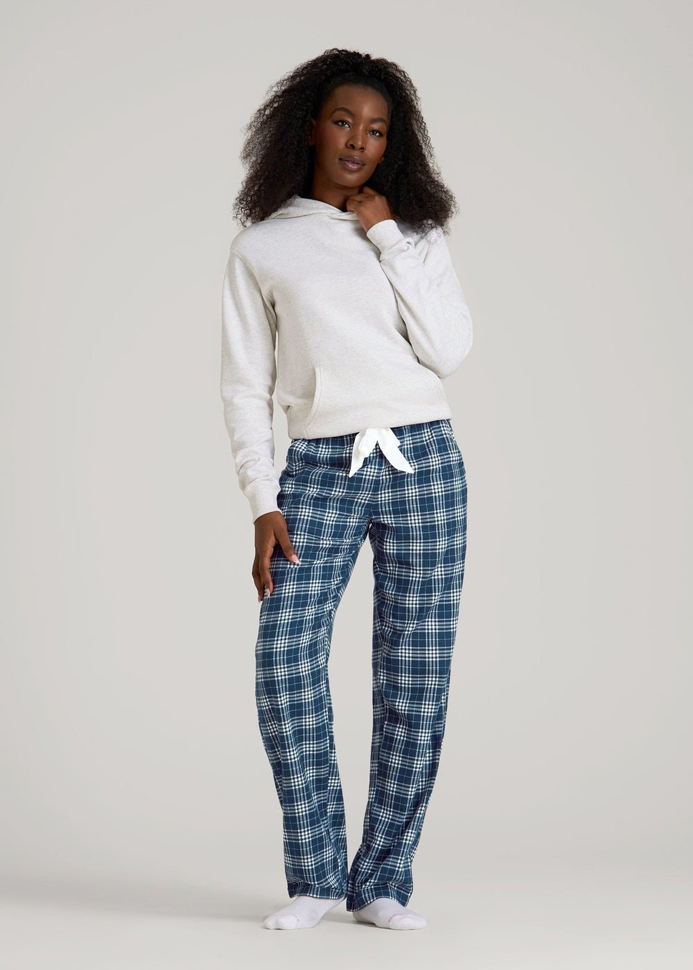 American Tall Discount | Tie Waist Flannel Pajama Pants for Tall Women in Navy and White Plaid