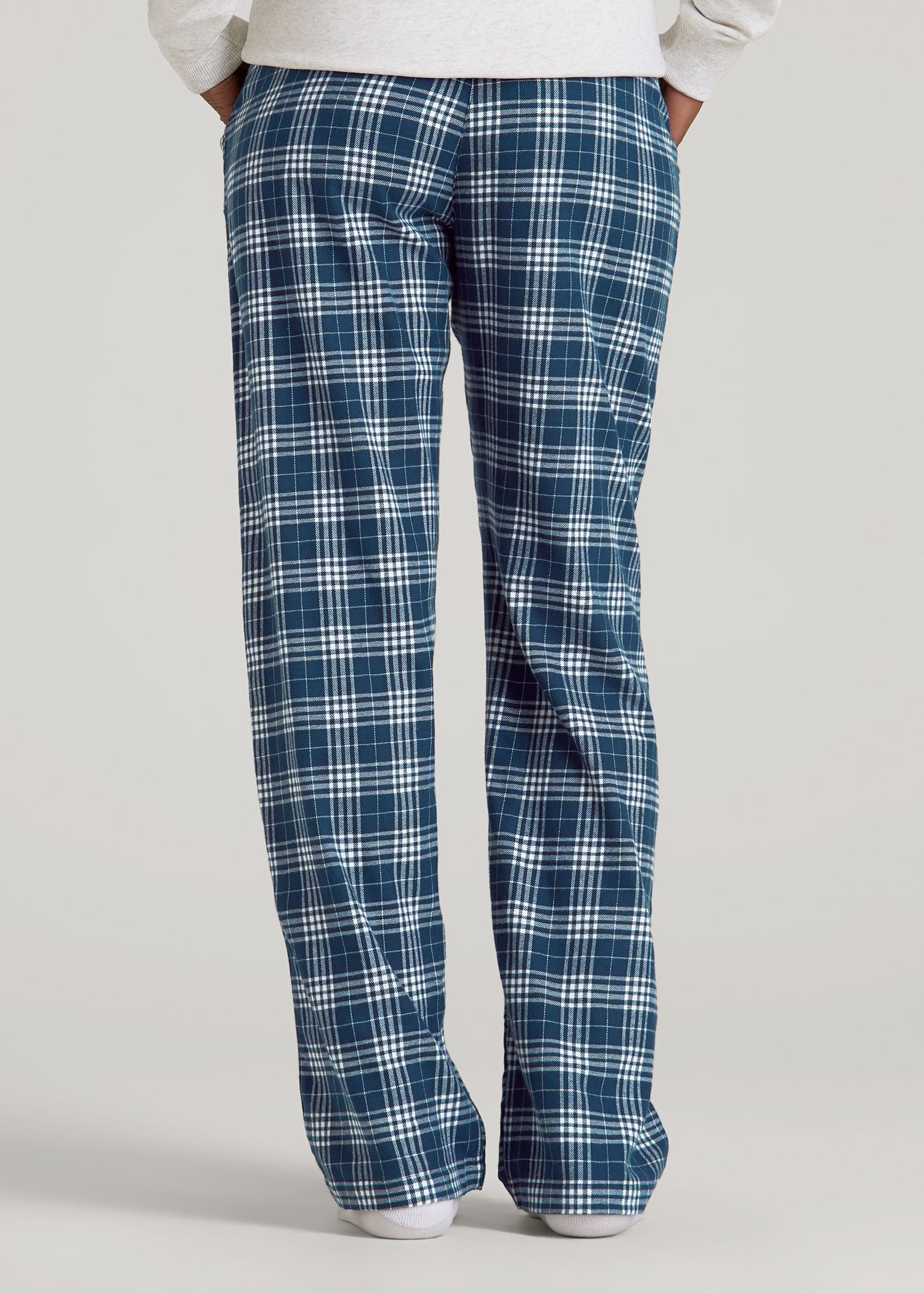 American Tall Discount | Tie Waist Flannel Pajama Pants for Tall Women in Navy and White Plaid
