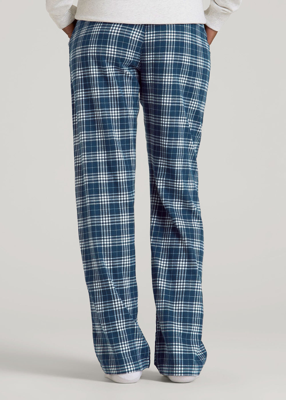 American Tall Discount | Tie Waist Flannel Pajama Pants for Tall Women in Navy and White Plaid