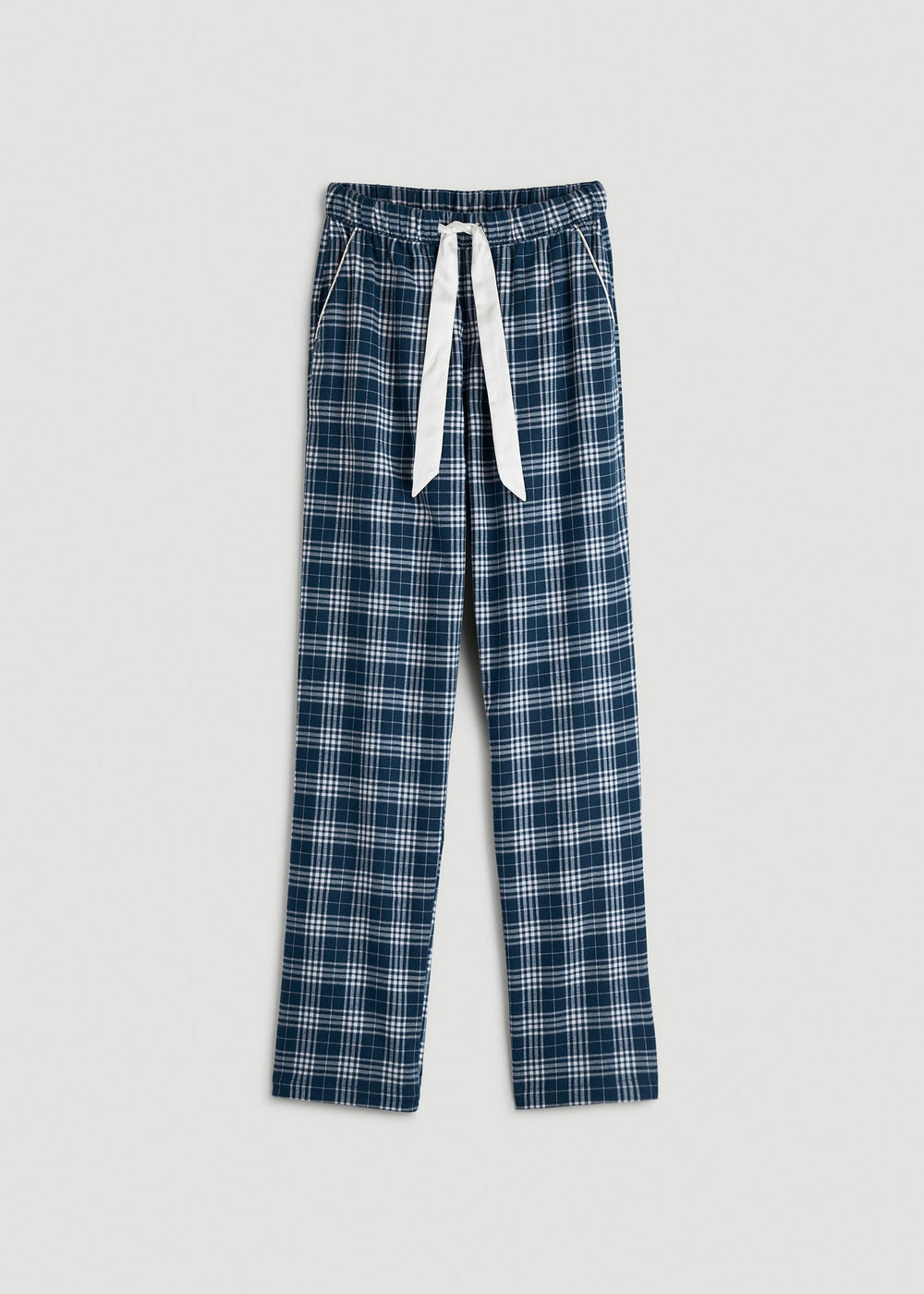 American Tall Discount | Tie Waist Flannel Pajama Pants for Tall Women in Navy and White Plaid