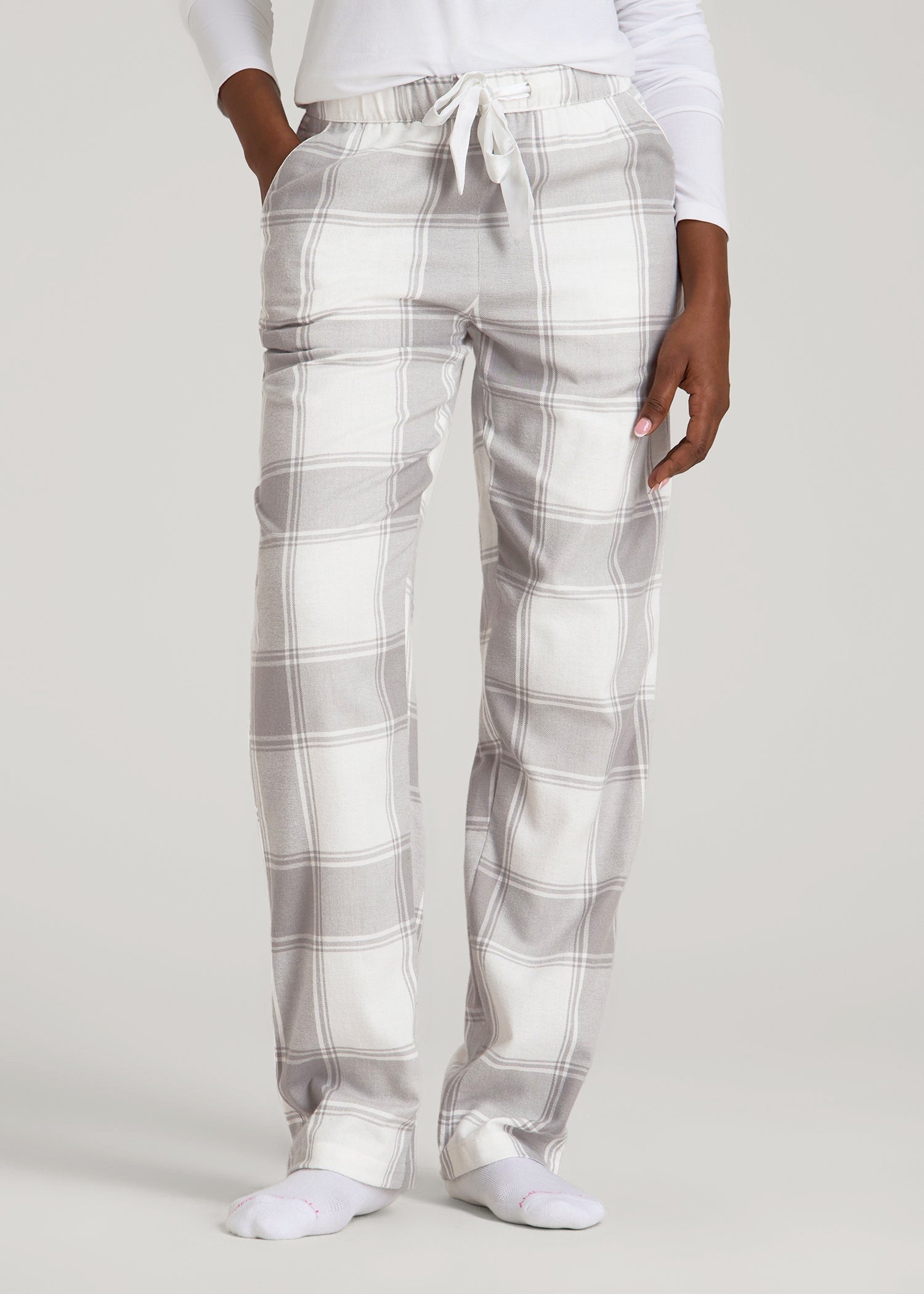 American Tall Outlet | Tie-Waist Flannel Pajama Pants for Tall Women in White and Grey Plaid