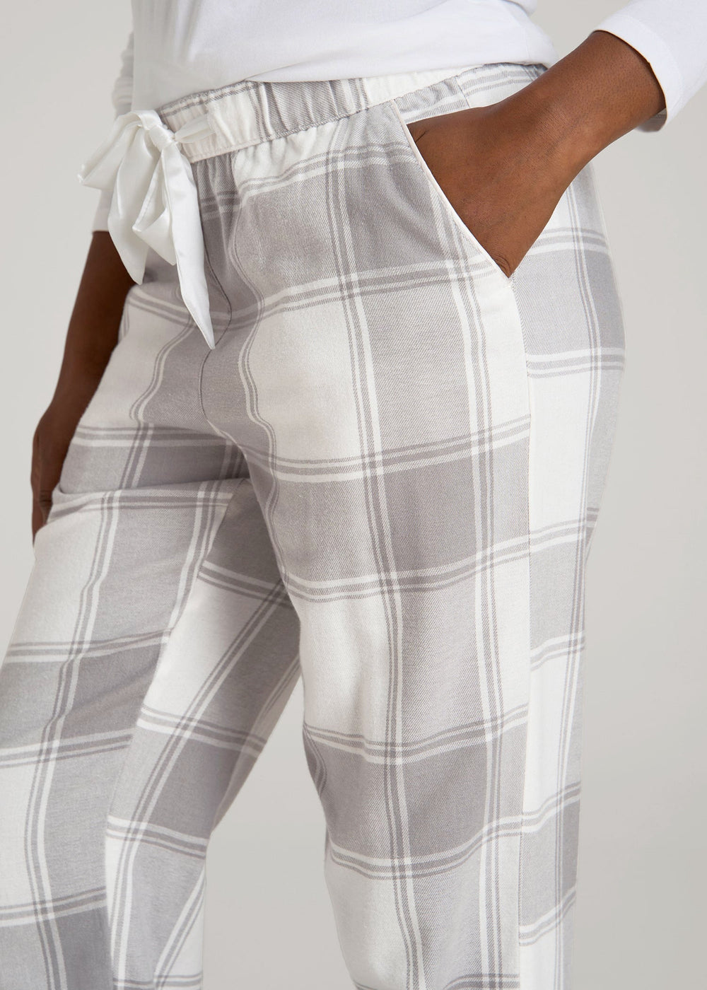 American Tall Outlet | Tie-Waist Flannel Pajama Pants for Tall Women in White and Grey Plaid