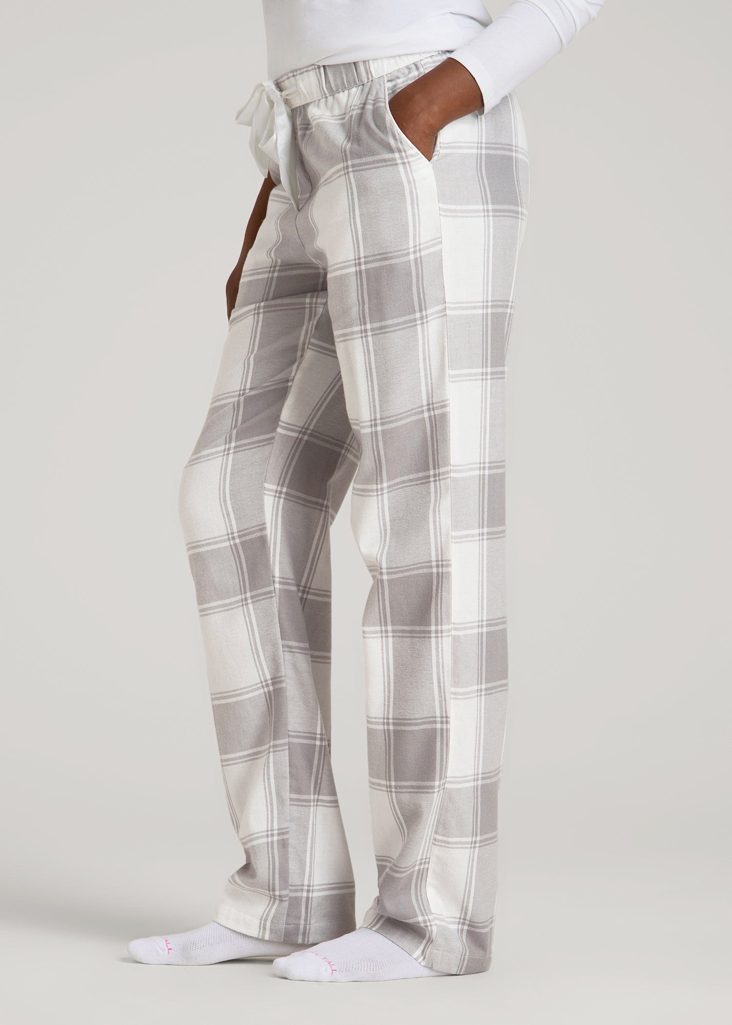 American Tall Outlet | Tie-Waist Flannel Pajama Pants for Tall Women in White and Grey Plaid
