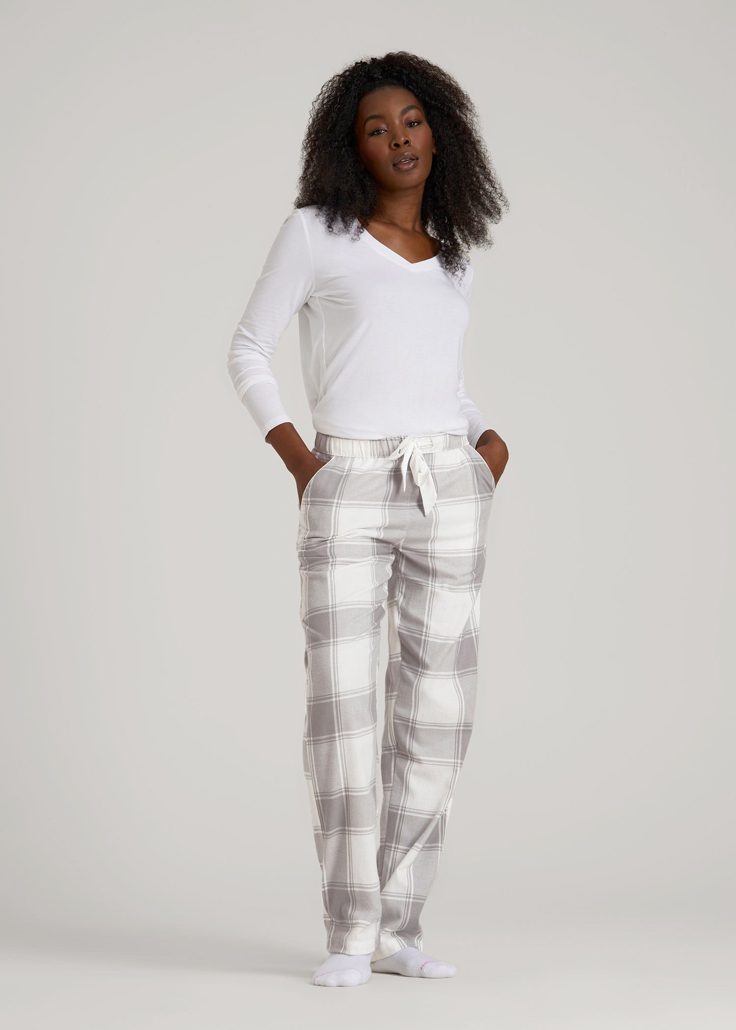 American Tall Outlet | Tie-Waist Flannel Pajama Pants for Tall Women in White and Grey Plaid