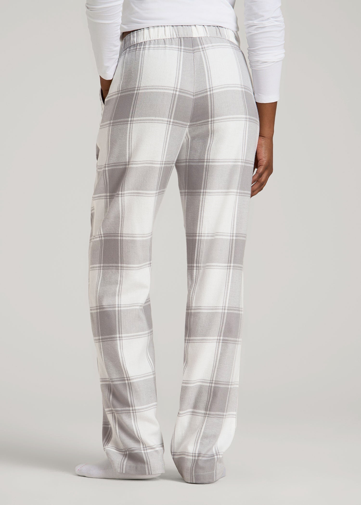 American Tall Outlet | Tie-Waist Flannel Pajama Pants for Tall Women in White and Grey Plaid