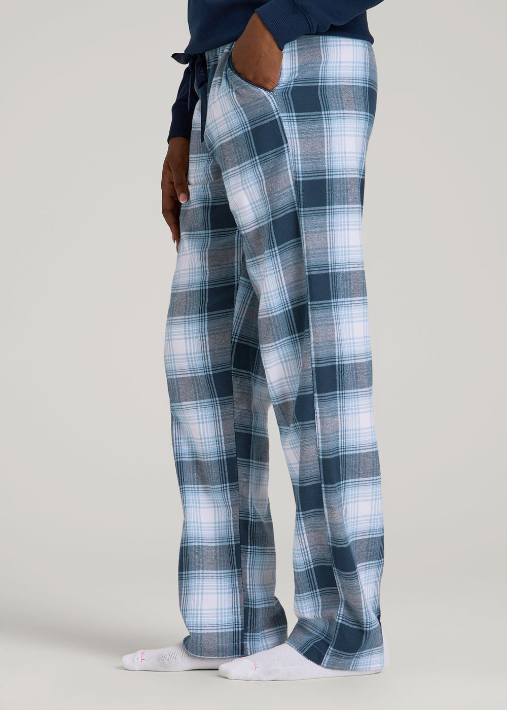 American Tall For Sale | Tie Waist Flannel Pajama Pants for Tall Women in Blue and White Plaid