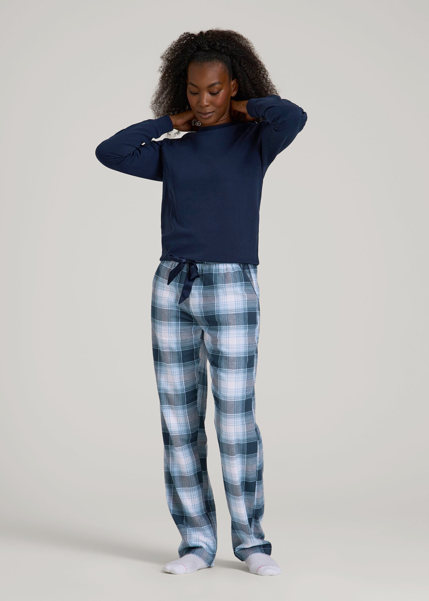 American Tall For Sale | Tie Waist Flannel Pajama Pants for Tall Women in Blue and White Plaid