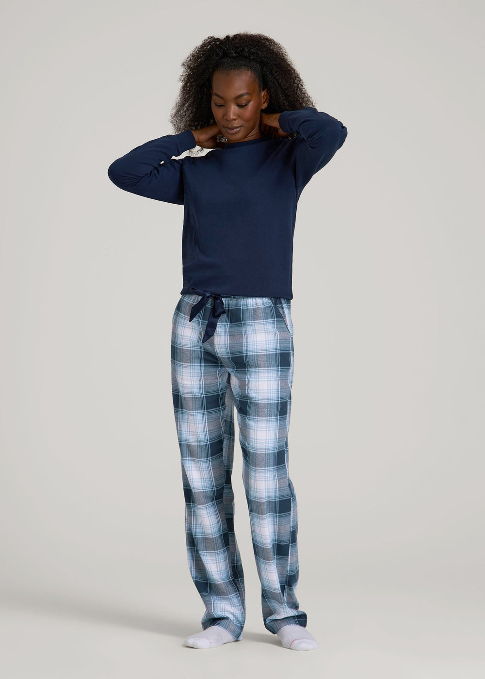 American Tall For Sale | Tie Waist Flannel Pajama Pants for Tall Women in Blue and White Plaid