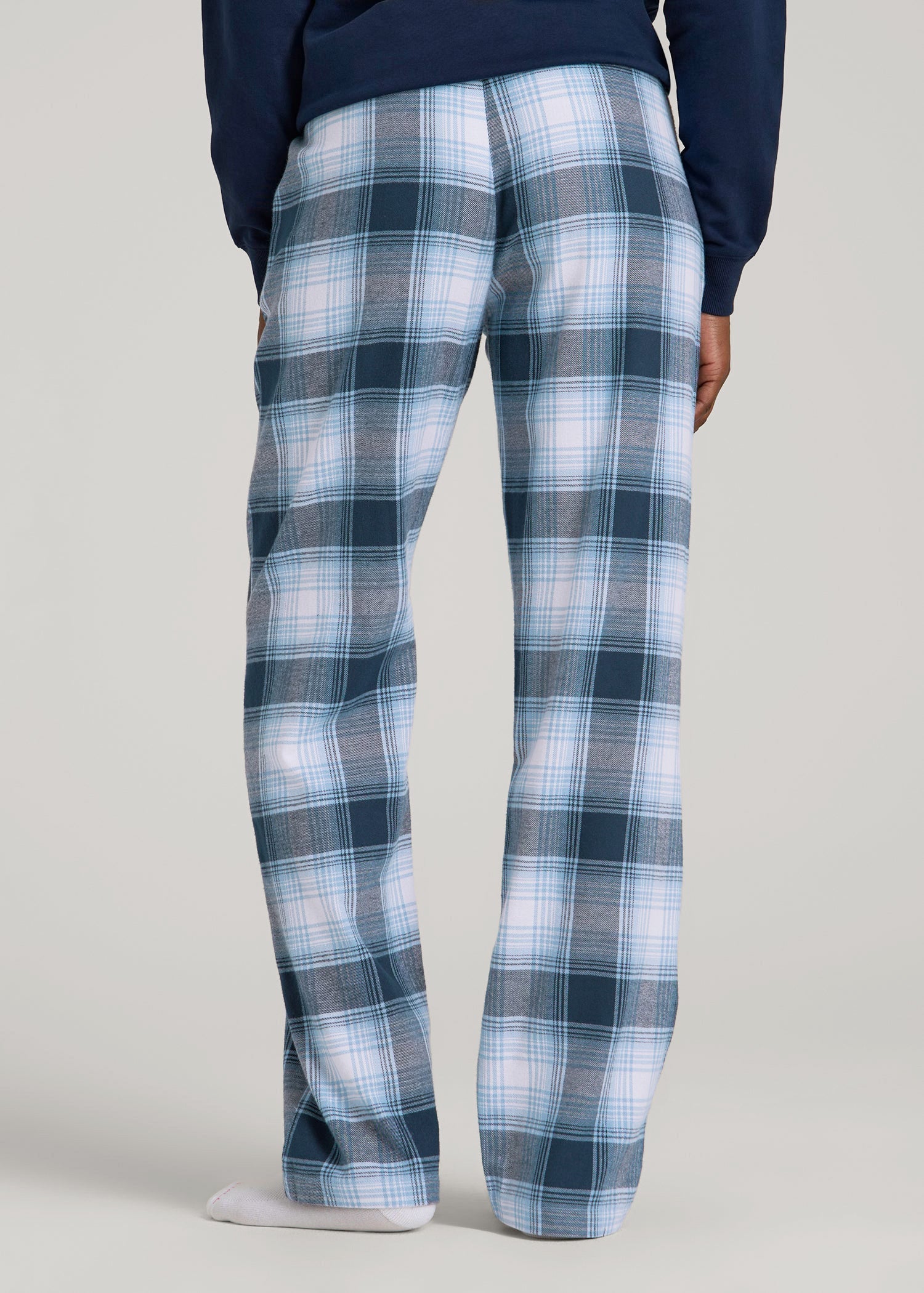 American Tall For Sale | Tie Waist Flannel Pajama Pants for Tall Women in Blue and White Plaid
