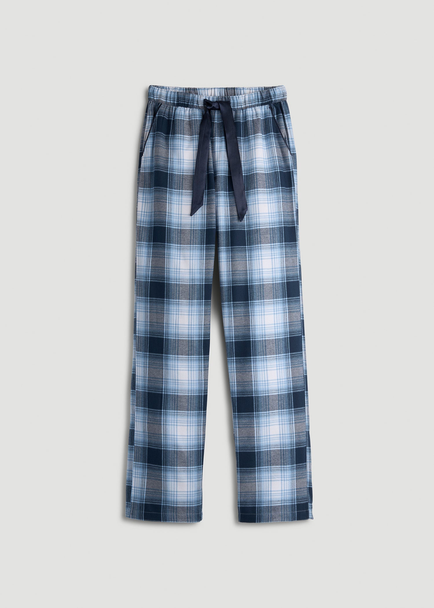 American Tall For Sale | Tie Waist Flannel Pajama Pants for Tall Women in Blue and White Plaid