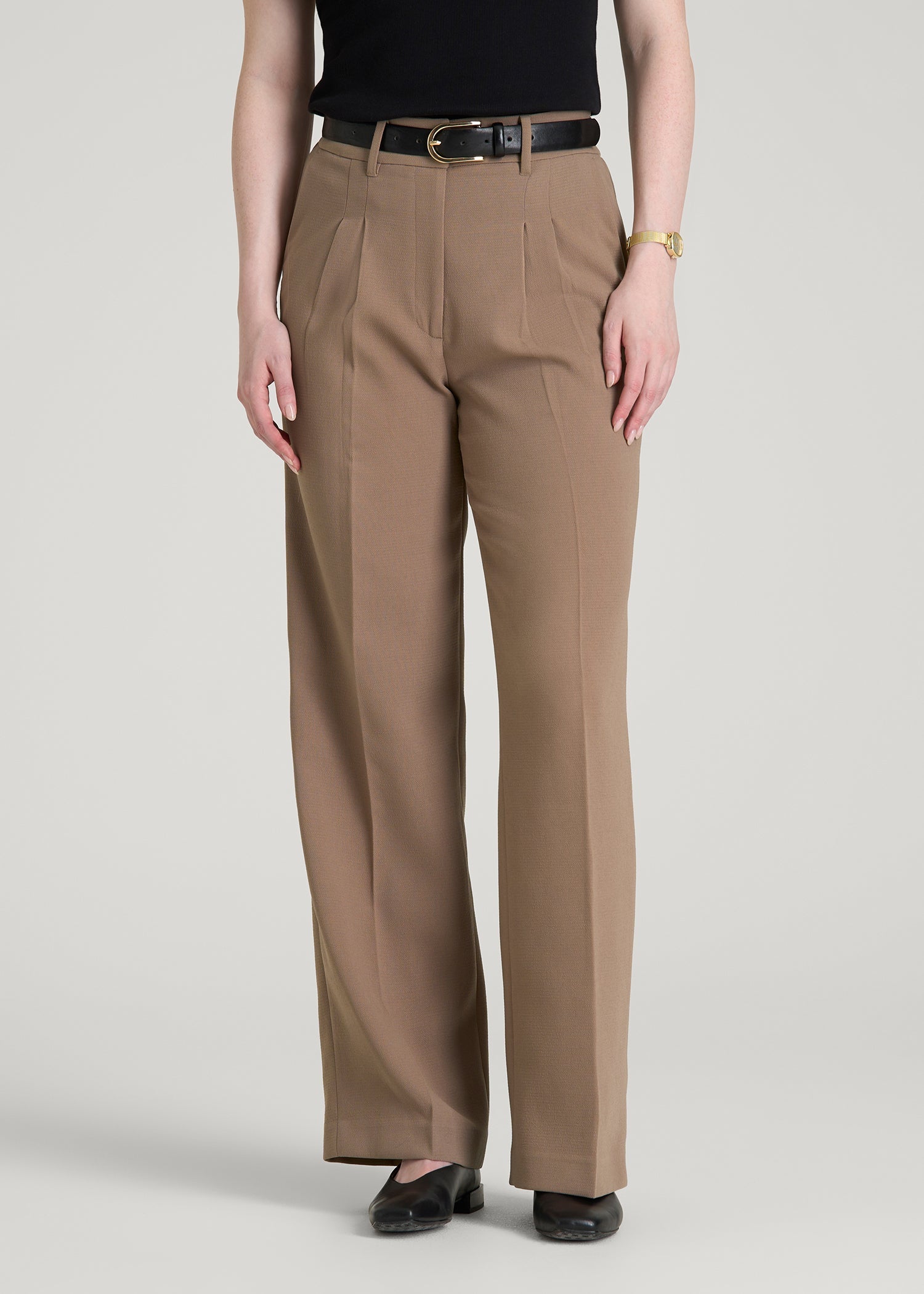 American Tall Discount | Wide Leg Pleated Dress Pants 2.0 for Tall Women in Warm Brown