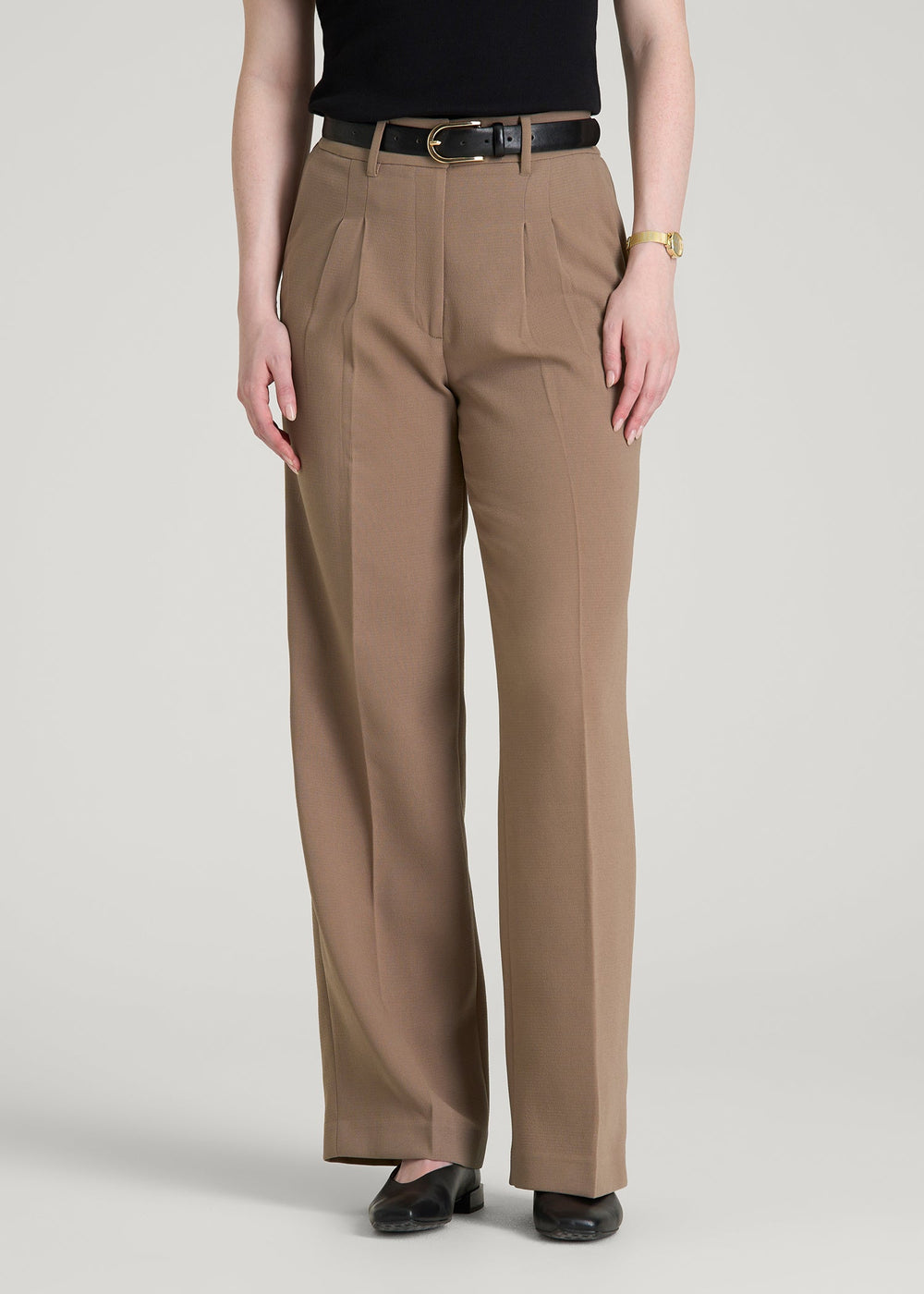 American Tall Discount | Wide Leg Pleated Dress Pants 2.0 for Tall Women in Warm Brown