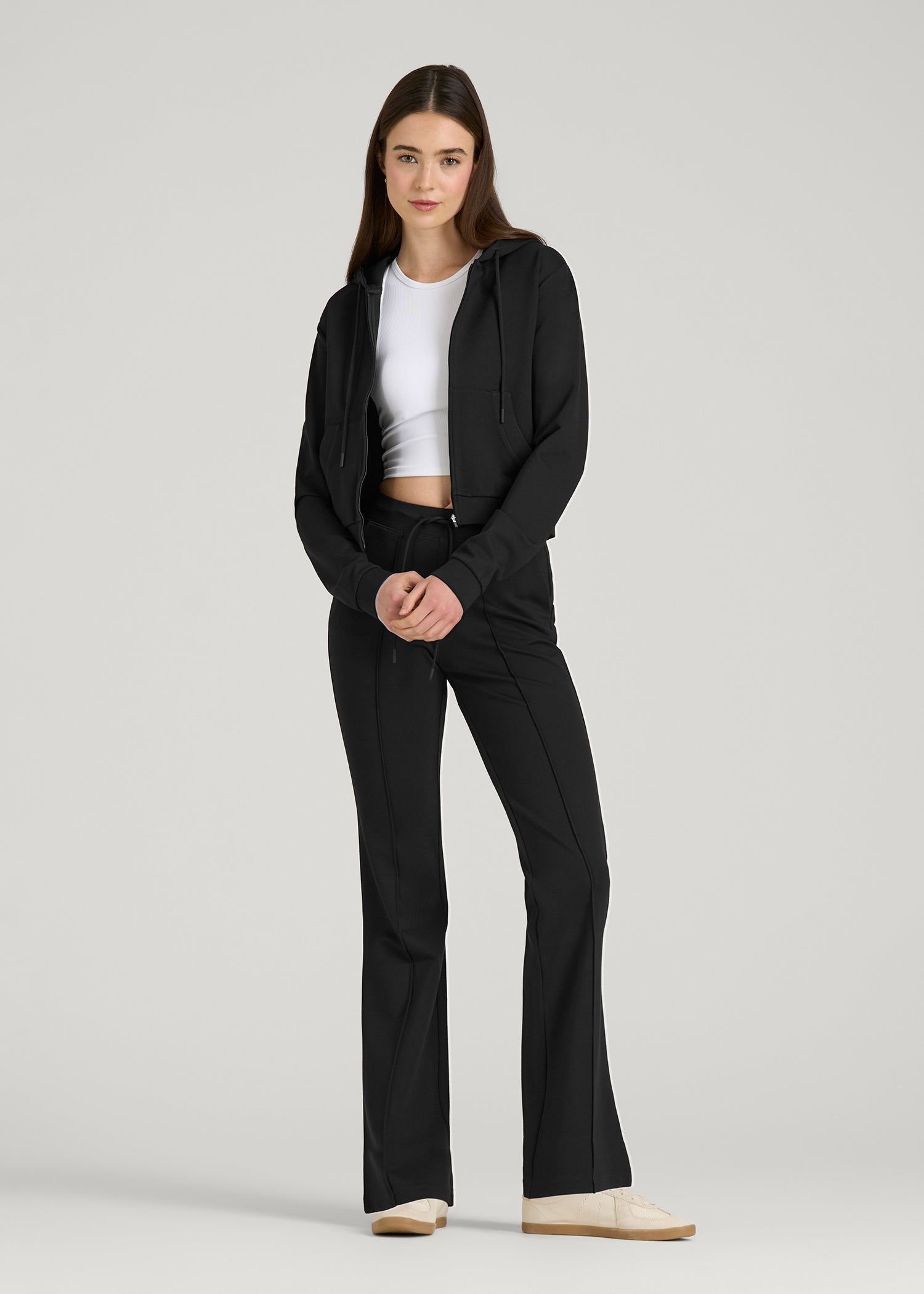 American Tall Online | Soft Flex Ponte Flare Pants with Drawcord for Tall Women in Black