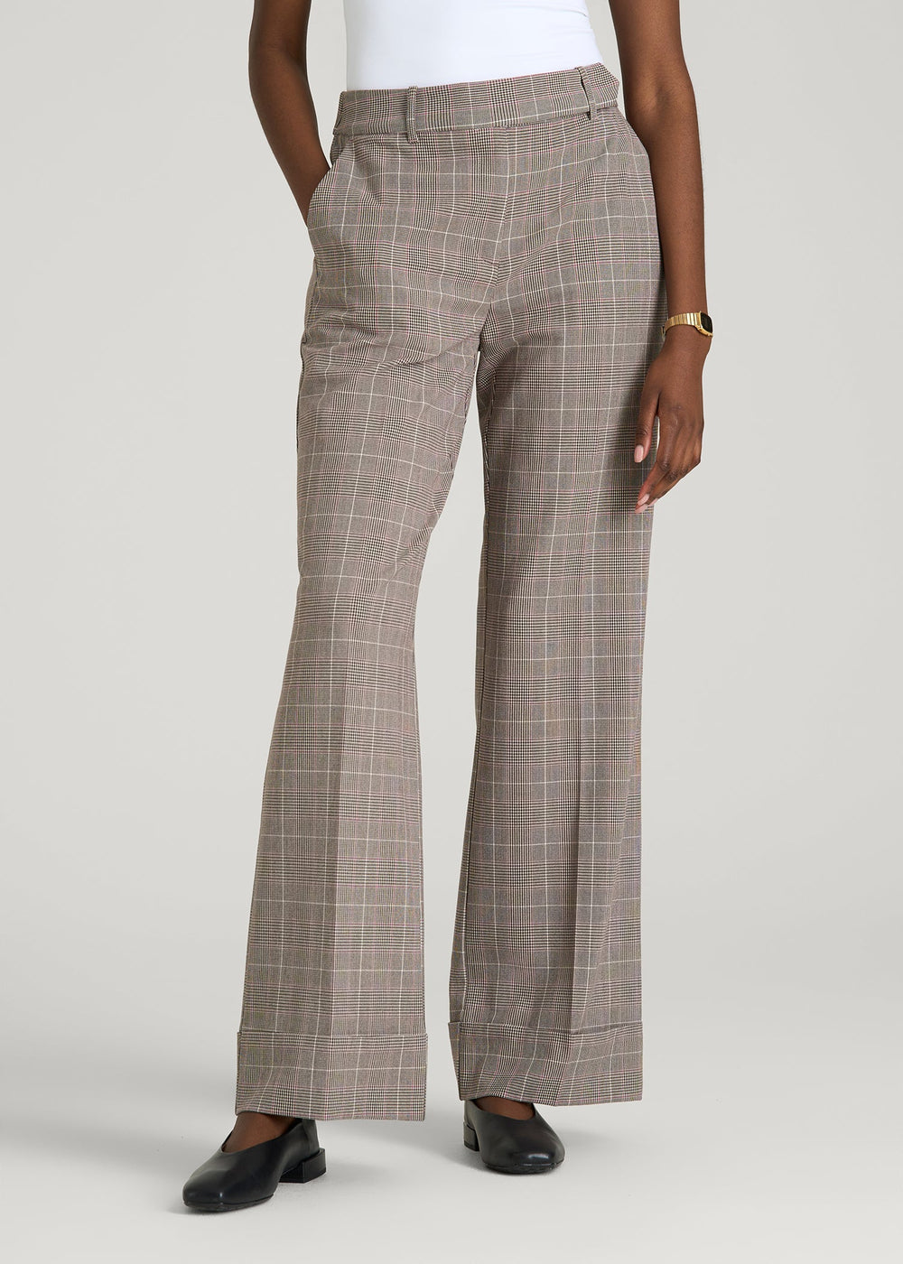 American Tall Outlet | Wide-Leg Cuffed Pants for Tall Women in Espresso and Magenta Houndstooth