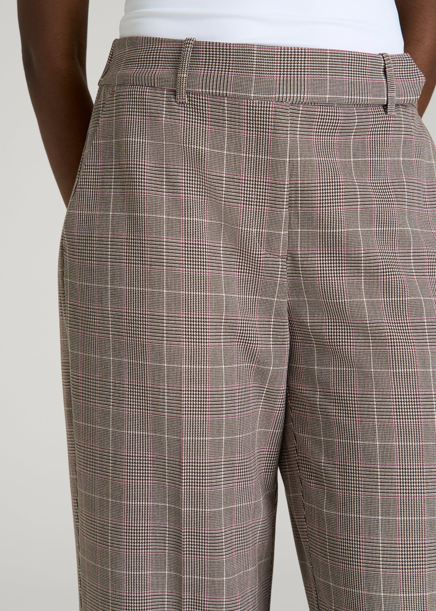 American Tall Outlet | Wide-Leg Cuffed Pants for Tall Women in Espresso and Magenta Houndstooth
