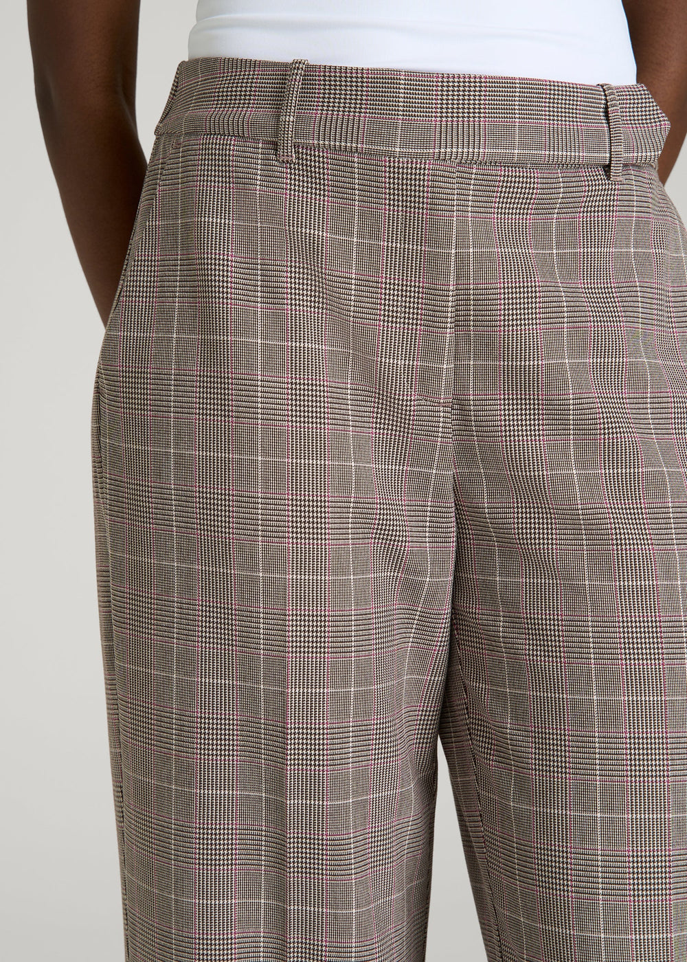 American Tall Outlet | Wide-Leg Cuffed Pants for Tall Women in Espresso and Magenta Houndstooth