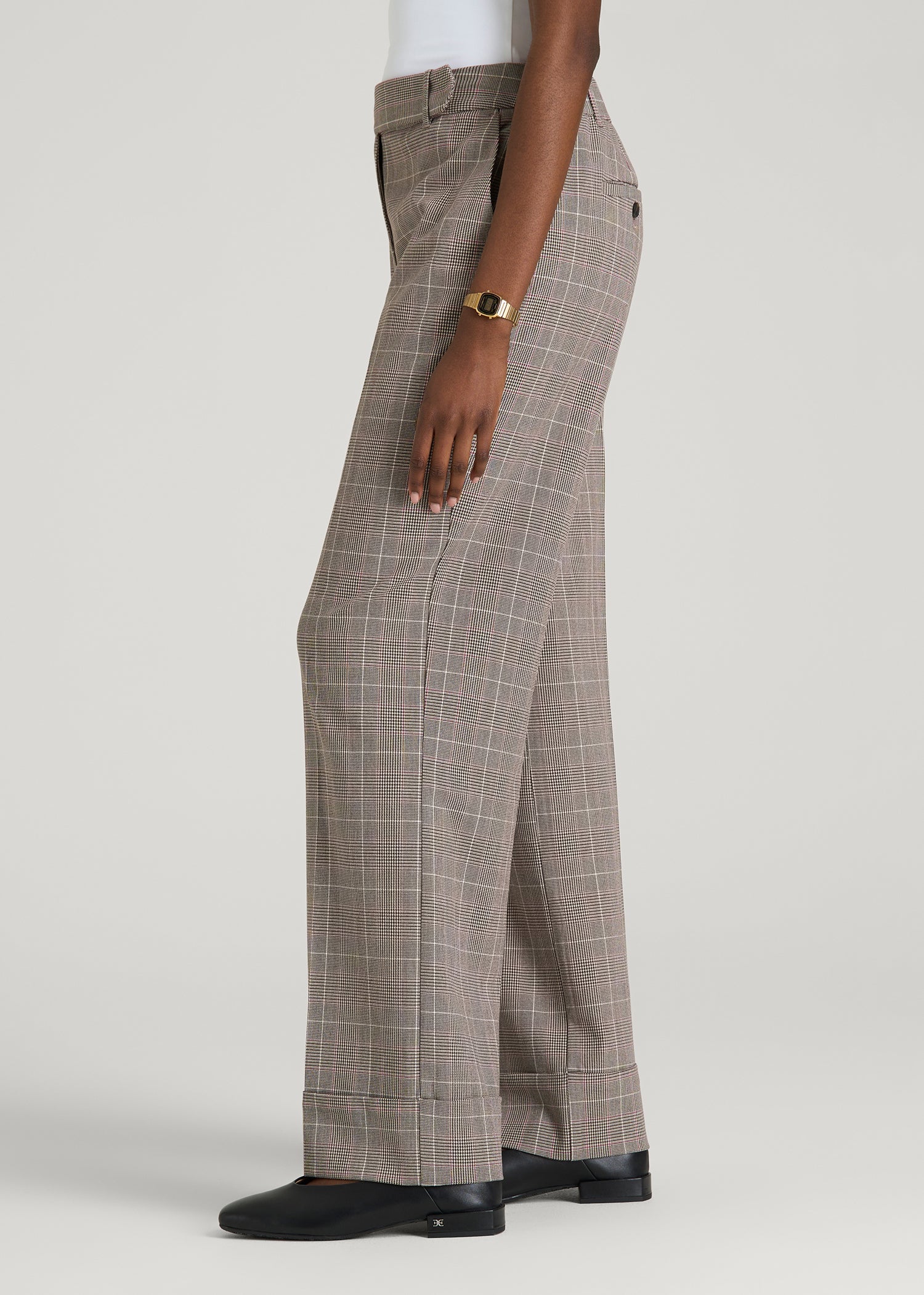American Tall Outlet | Wide-Leg Cuffed Pants for Tall Women in Espresso and Magenta Houndstooth