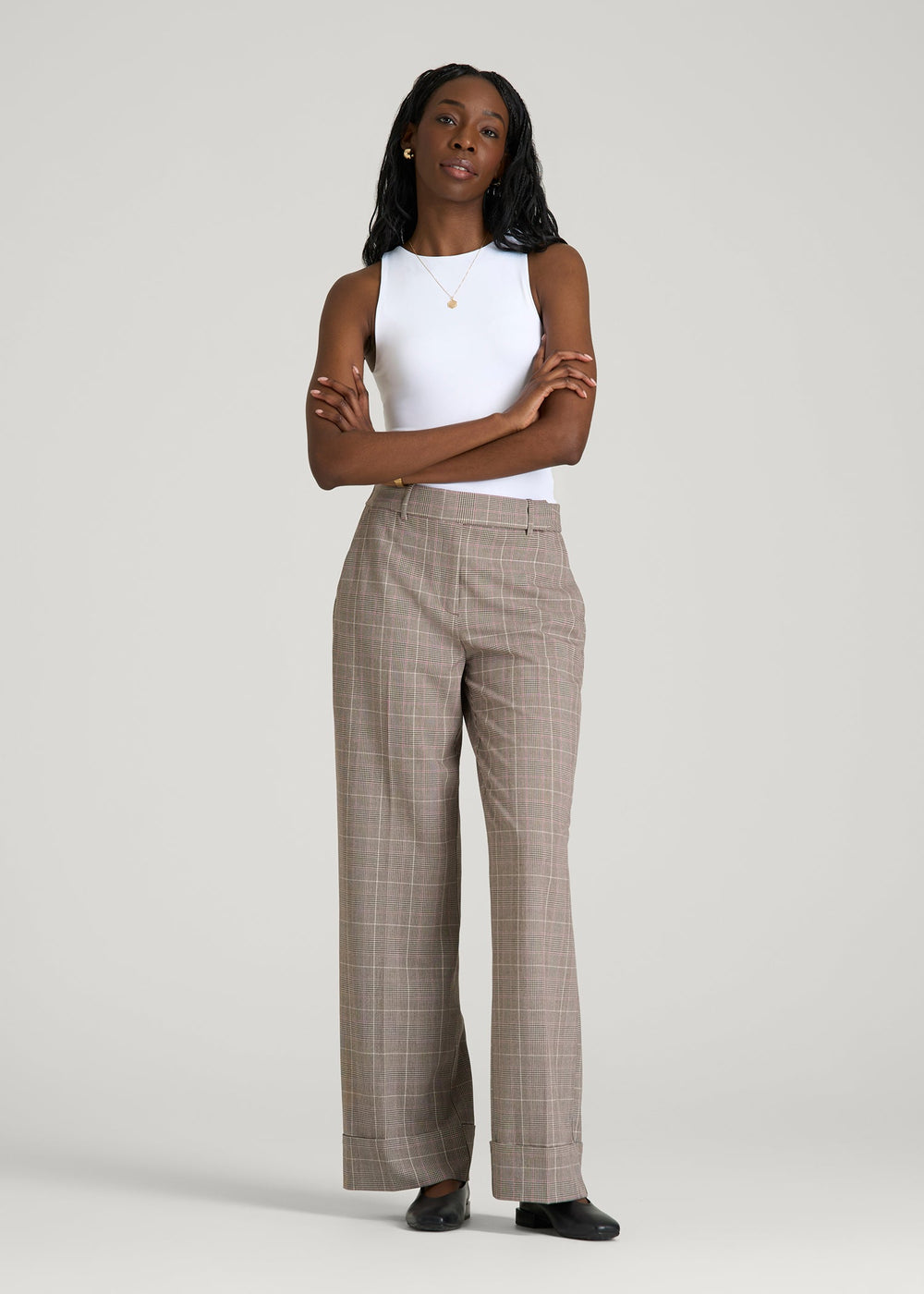 American Tall Outlet | Wide-Leg Cuffed Pants for Tall Women in Espresso and Magenta Houndstooth