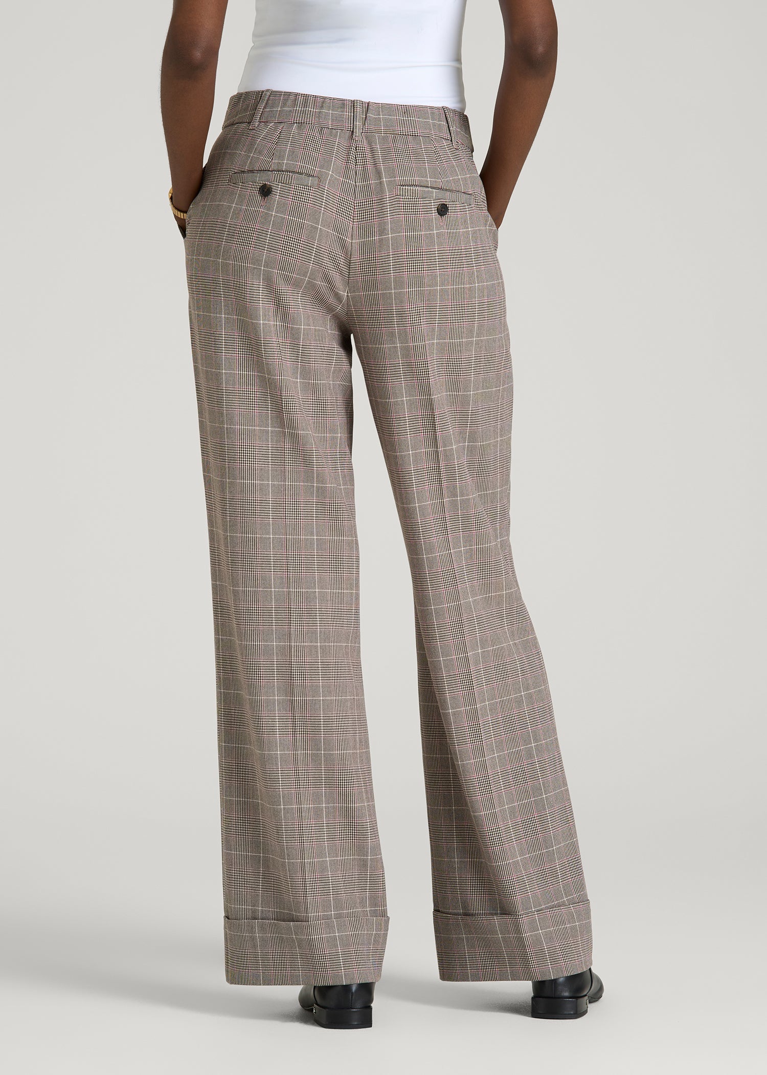 American Tall Outlet | Wide-Leg Cuffed Pants for Tall Women in Espresso and Magenta Houndstooth