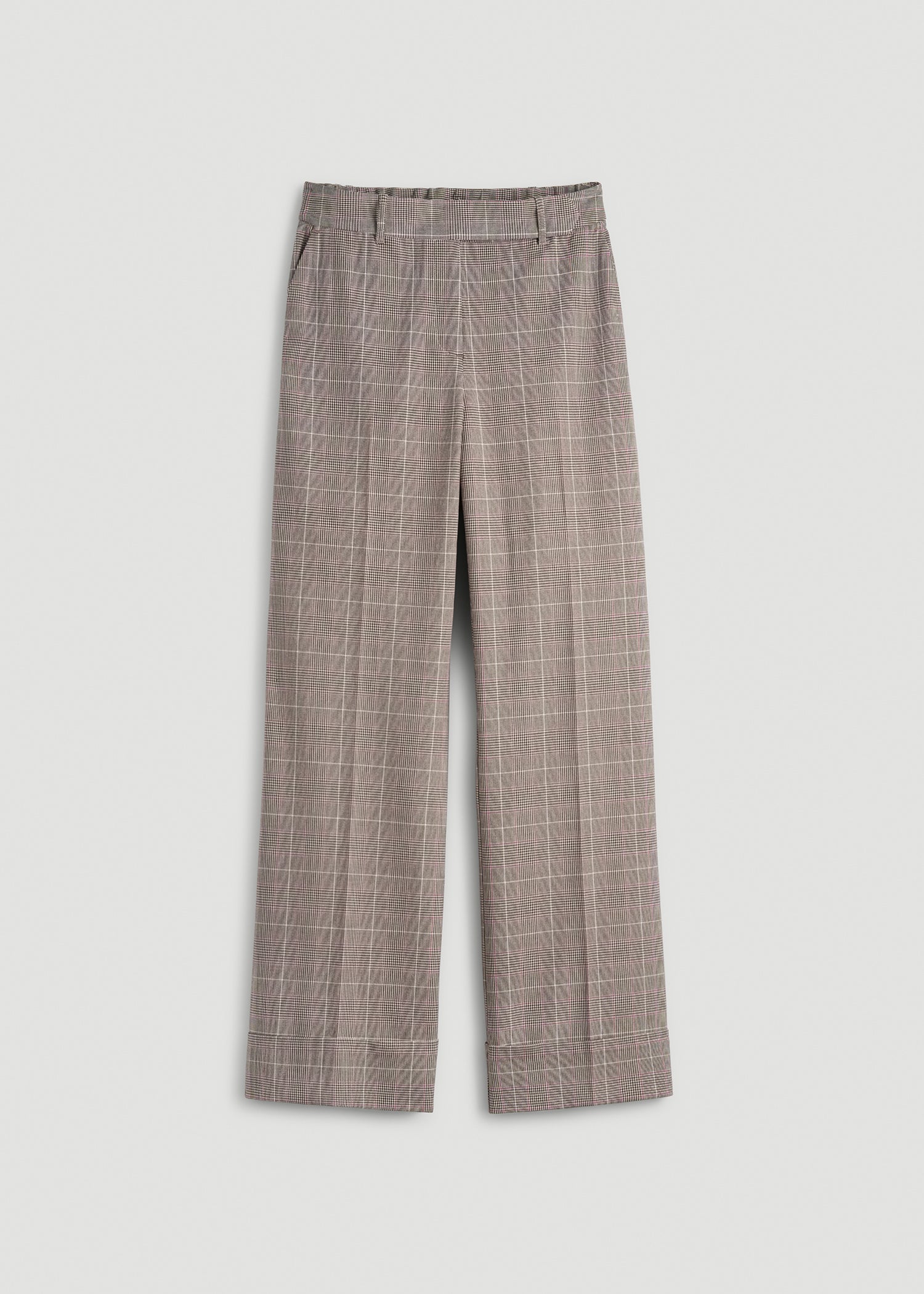 American Tall Outlet | Wide-Leg Cuffed Pants for Tall Women in Espresso and Magenta Houndstooth