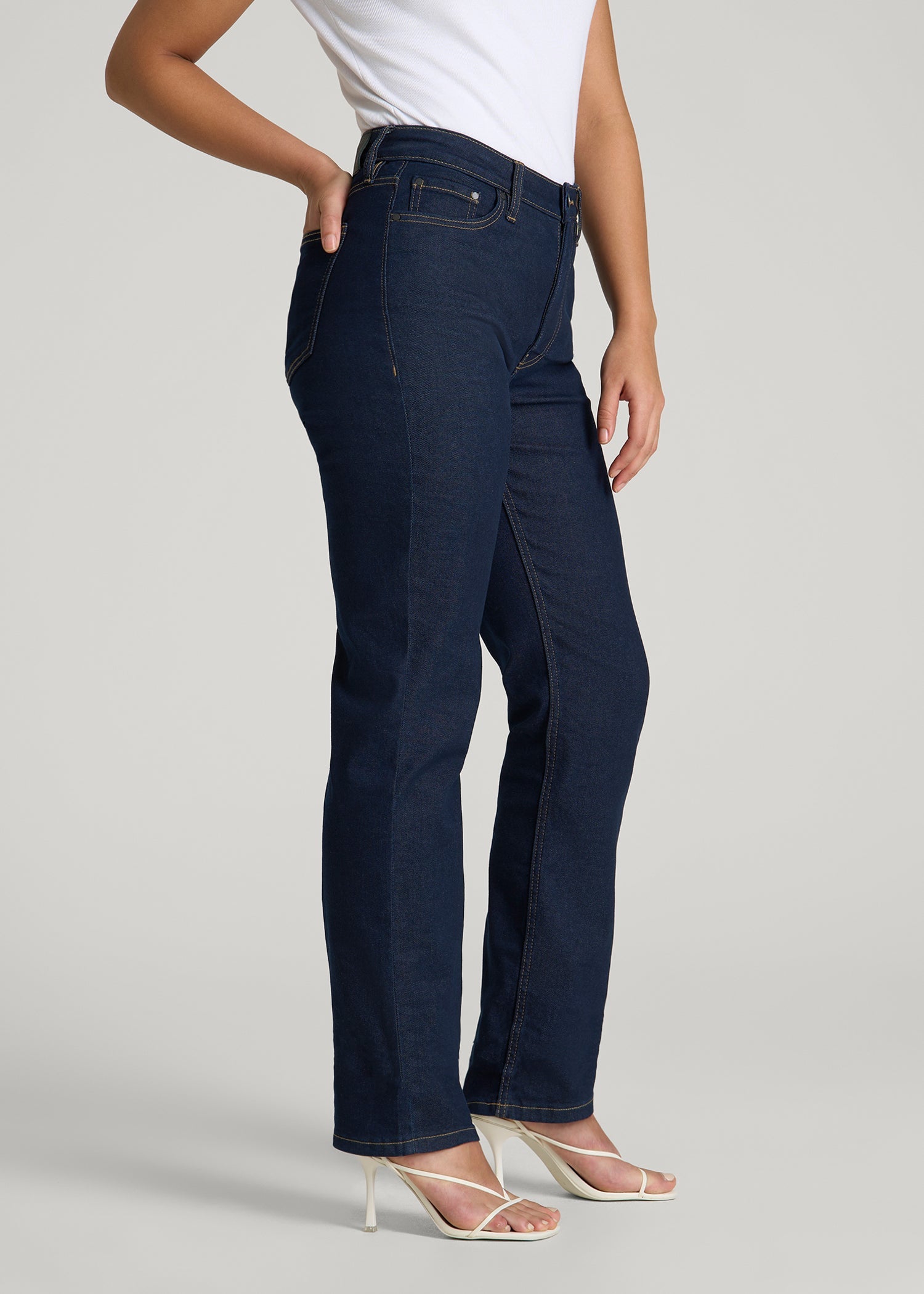 American Tall Outlet | Curve High Rise Straight Leg Jeans for Tall Women in Deep Indigo Wash