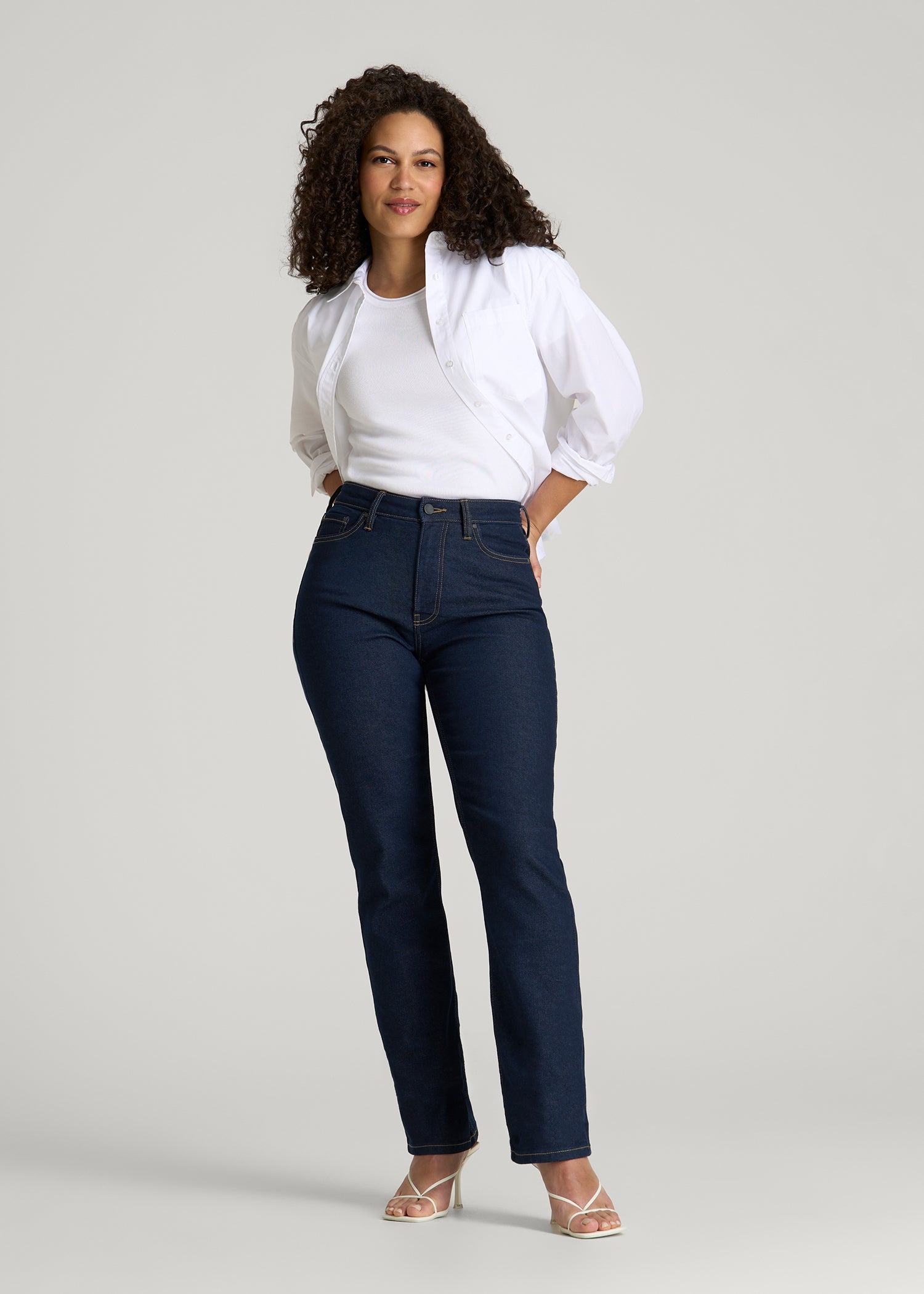 American Tall Outlet | Curve High Rise Straight Leg Jeans for Tall Women in Deep Indigo Wash