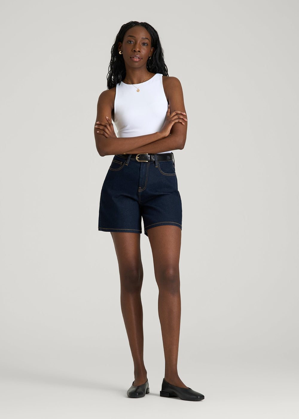 American Tall Discount | Stretch Denim Shorts for Tall Women in Deep Indigo Wash