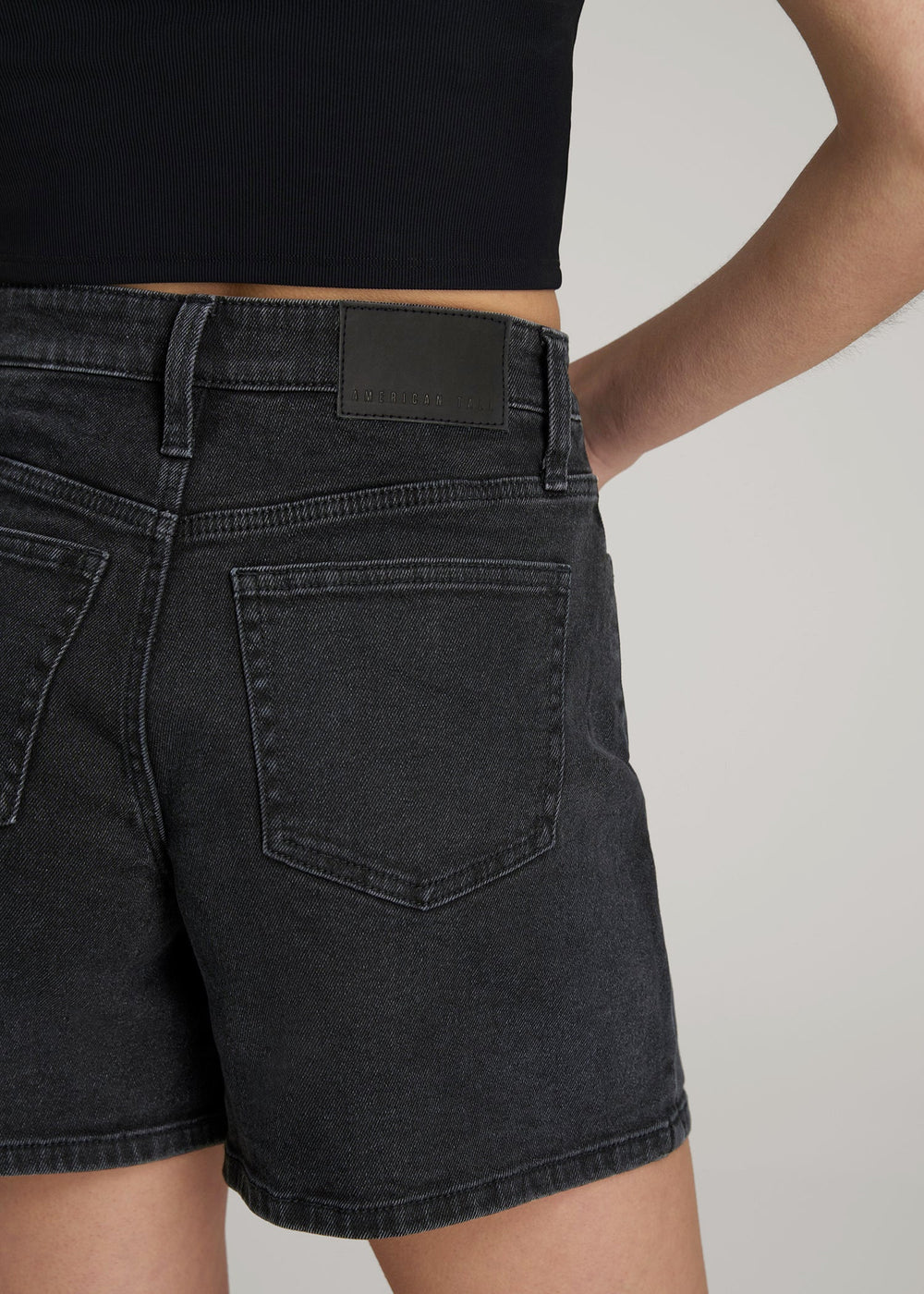 American Tall Discount | High Rise Denim Shorts for Tall Women in Onyx Black Wash