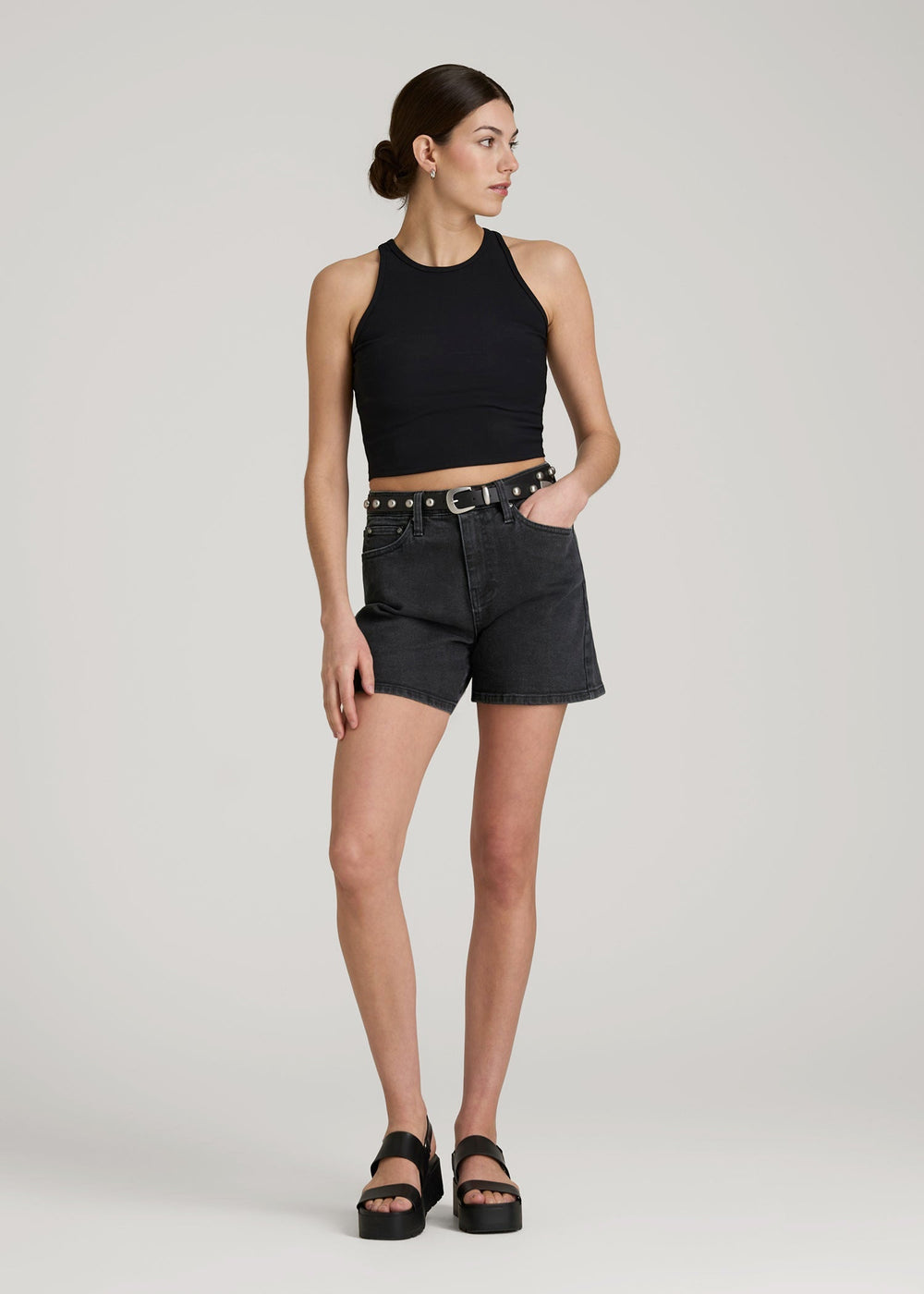 American Tall Discount | High Rise Denim Shorts for Tall Women in Onyx Black Wash