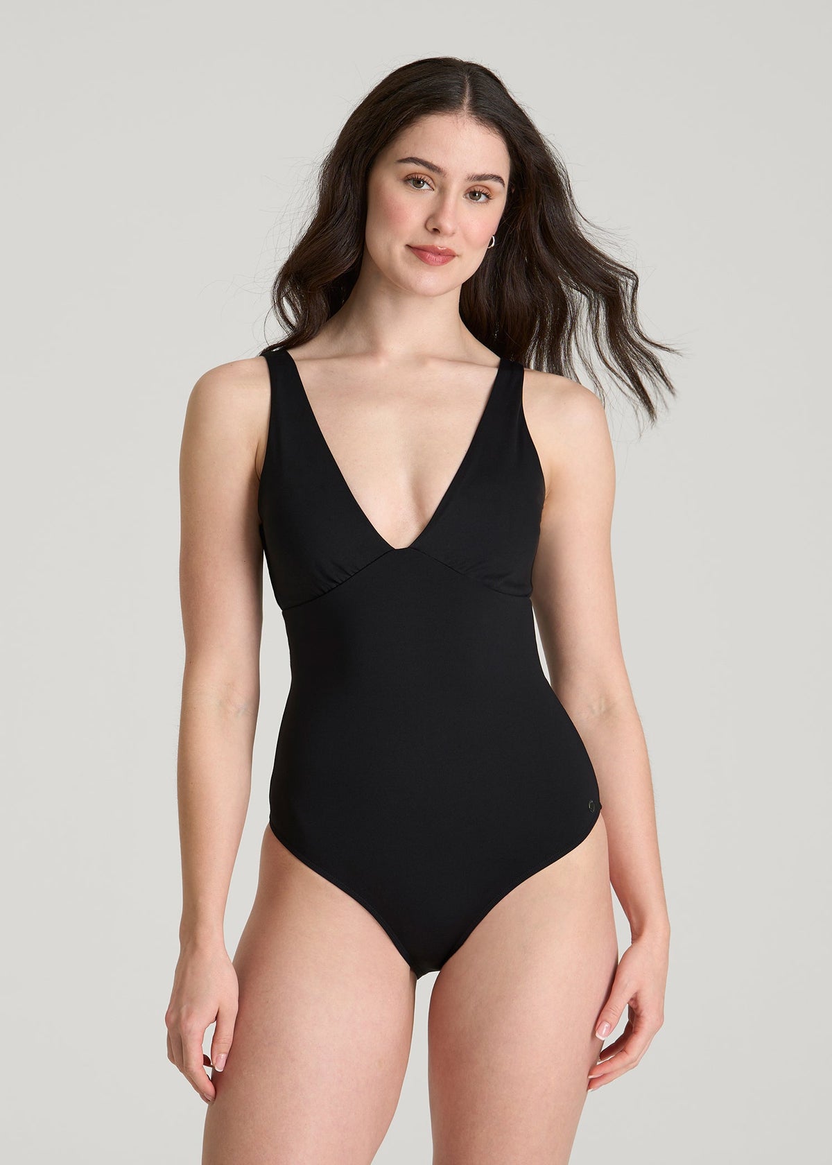American Tall For Sale | Classic V-Neck One Piece Swimsuit for Tall Women in Deep Black