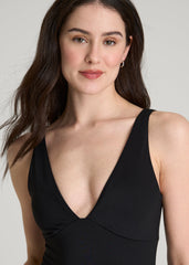 American Tall For Sale | Classic V-Neck One Piece Swimsuit for Tall Women in Deep Black