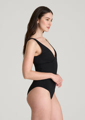American Tall For Sale | Classic V-Neck One Piece Swimsuit for Tall Women in Deep Black