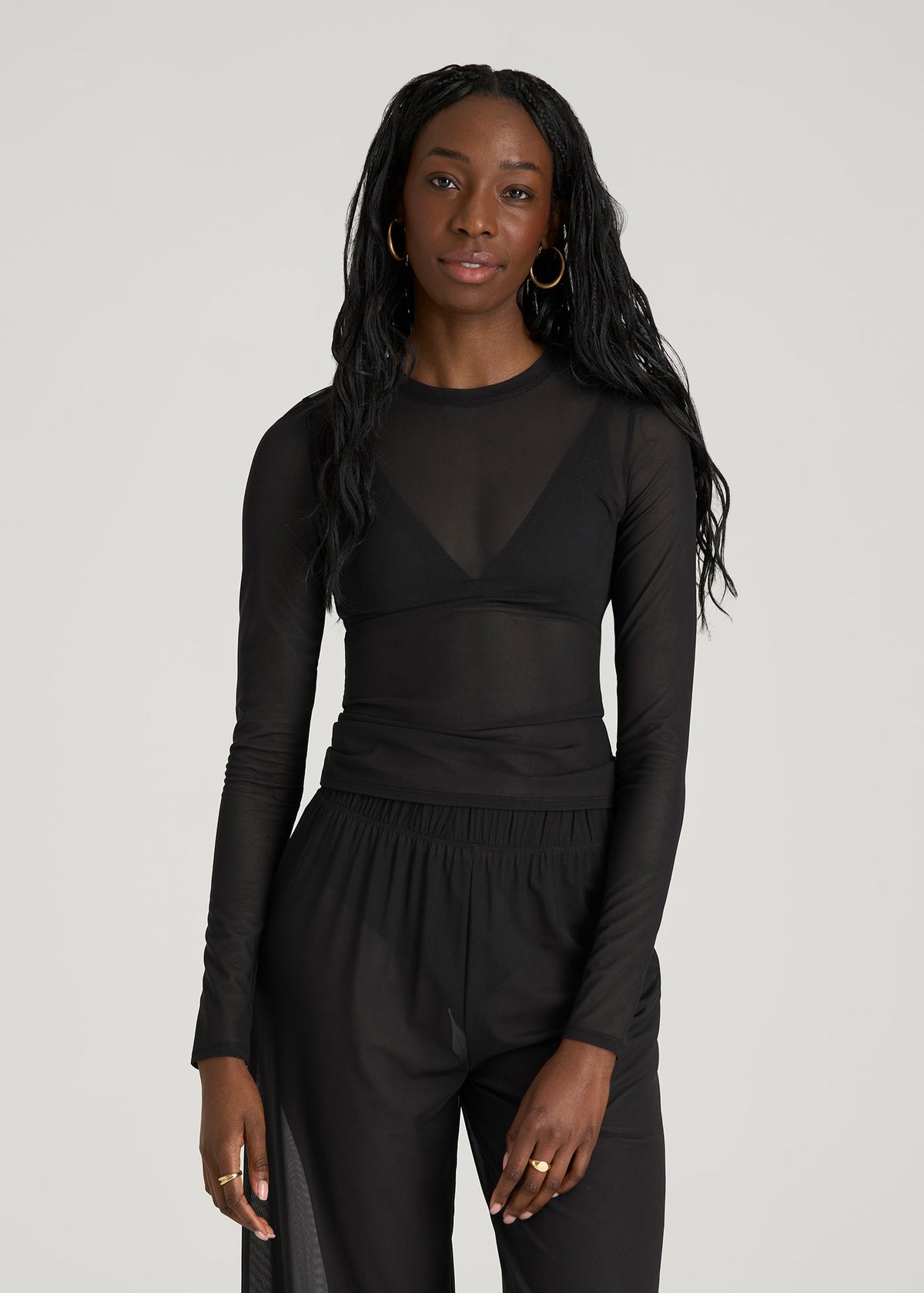 American Tall Discount | Power Mesh Fitted Long Sleeve Top for Tall Women in Deep Black