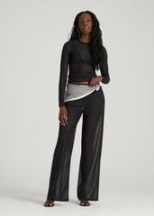 American Tall Discount | Power Mesh Fitted Long Sleeve Top for Tall Women in Deep Black