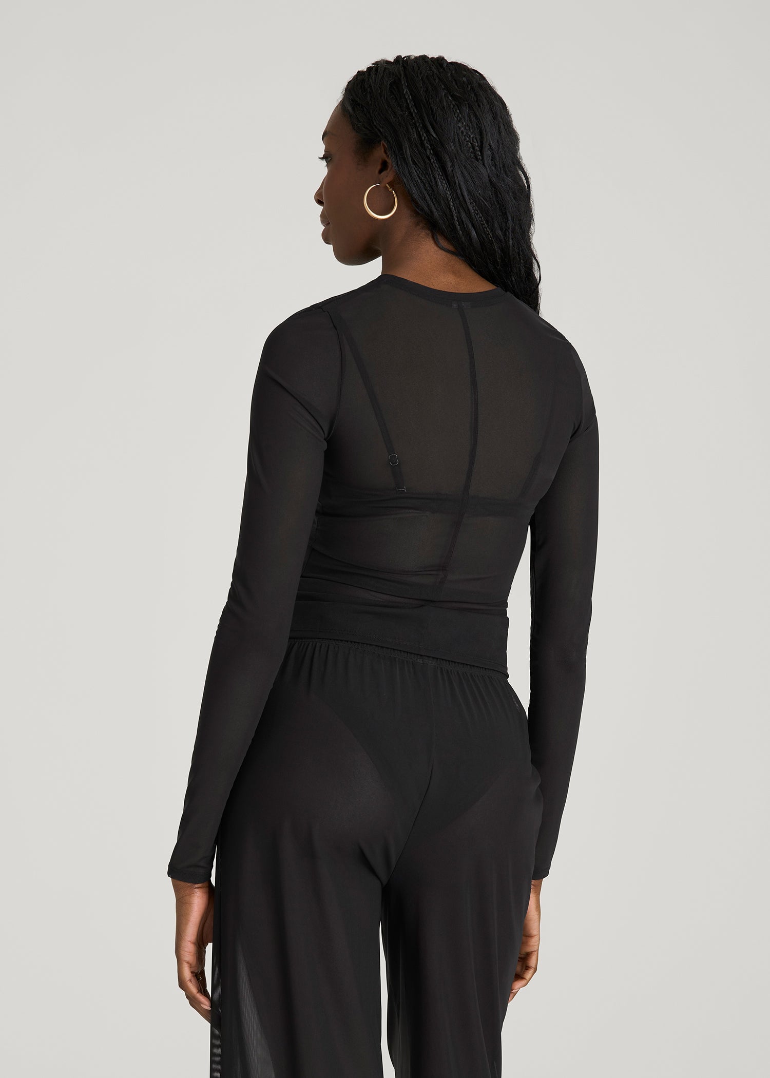 American Tall Discount | Power Mesh Fitted Long Sleeve Top for Tall Women in Deep Black