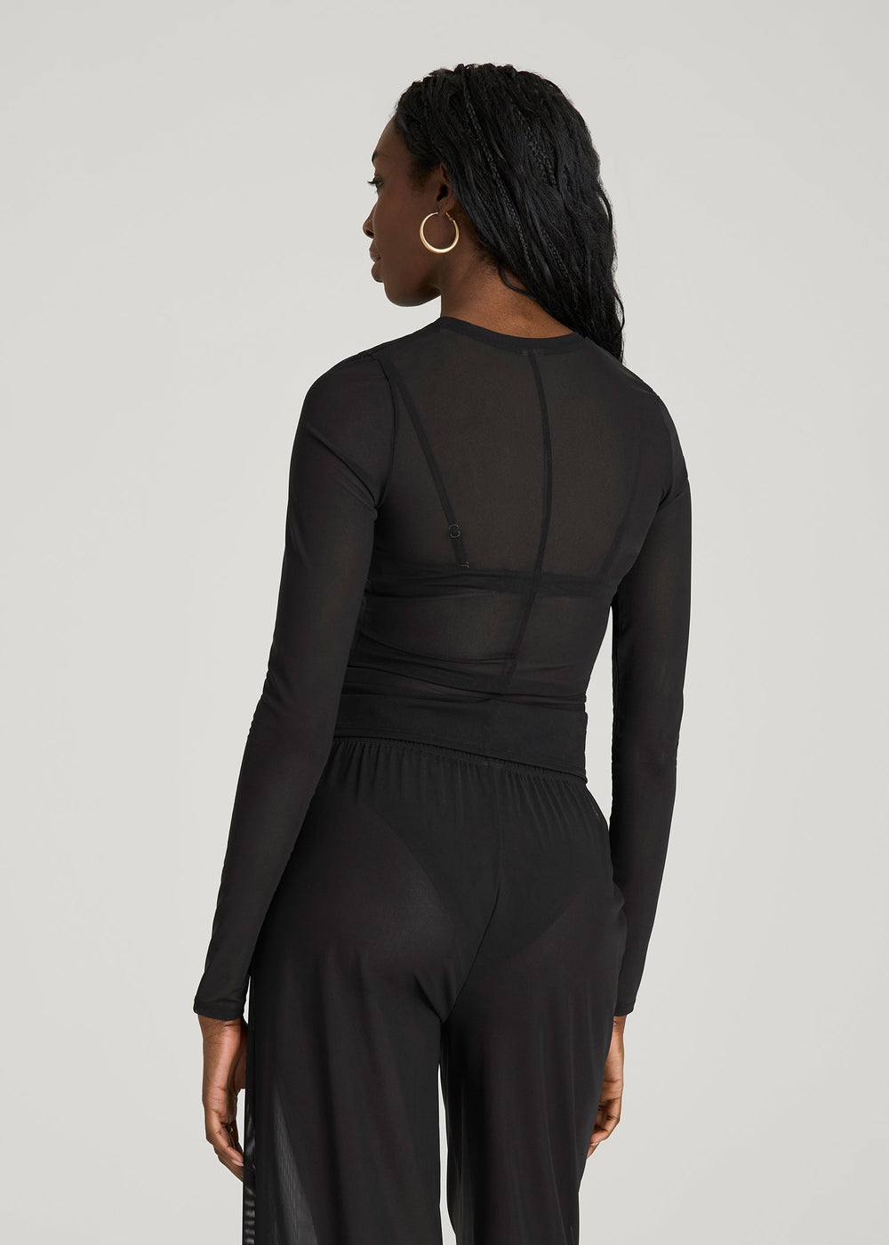 American Tall Discount | Power Mesh Fitted Long Sleeve Top for Tall Women in Deep Black