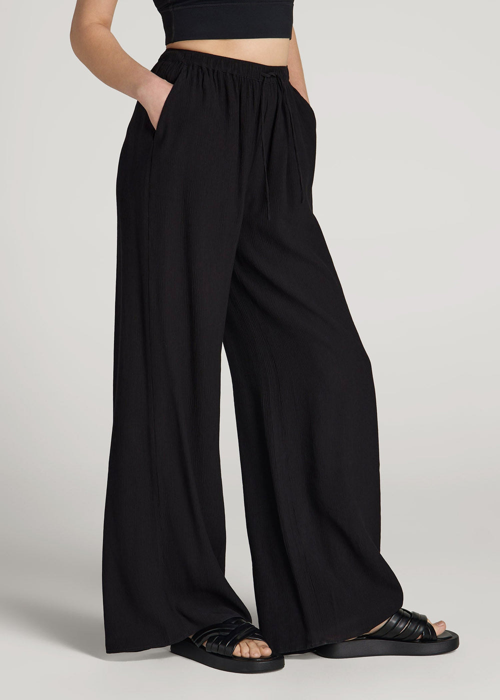 American Tall For Sale | Crinkle Pull-on Wide-leg Pants for Tall Women in Black