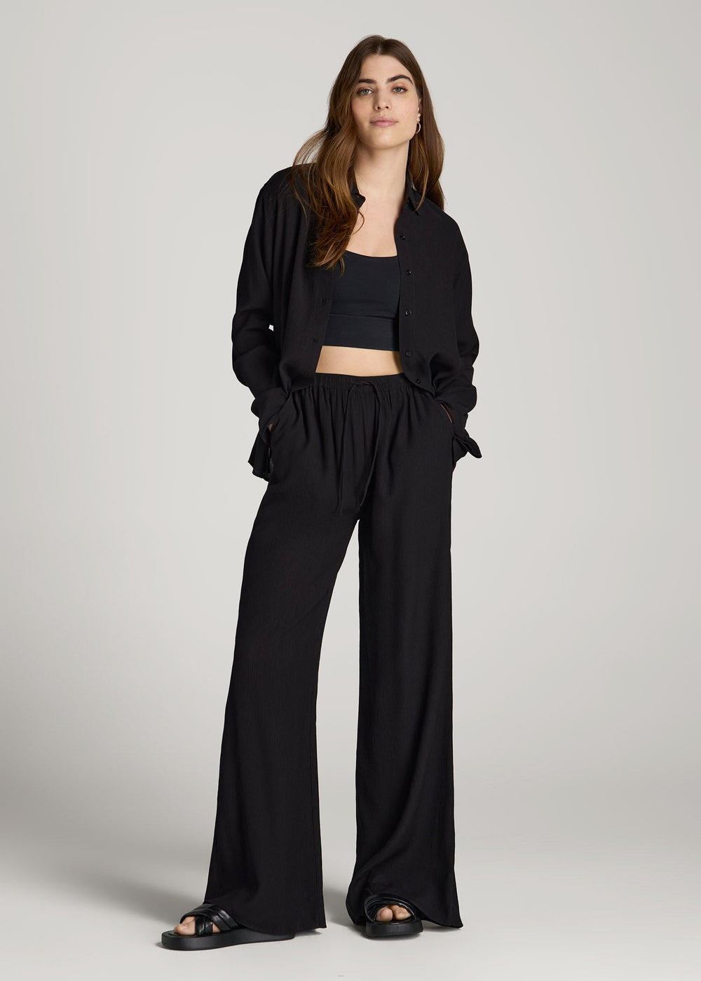 American Tall For Sale | Crinkle Pull-on Wide-leg Pants for Tall Women in Black
