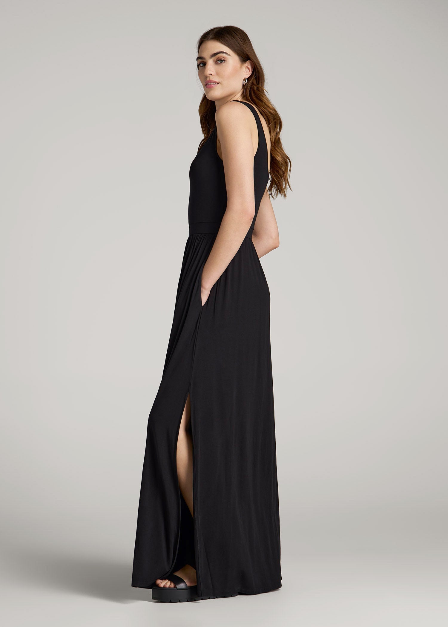 American Tall Outlet | Jersey Tank Maxi Dress with Pockets for Tall Women in Black