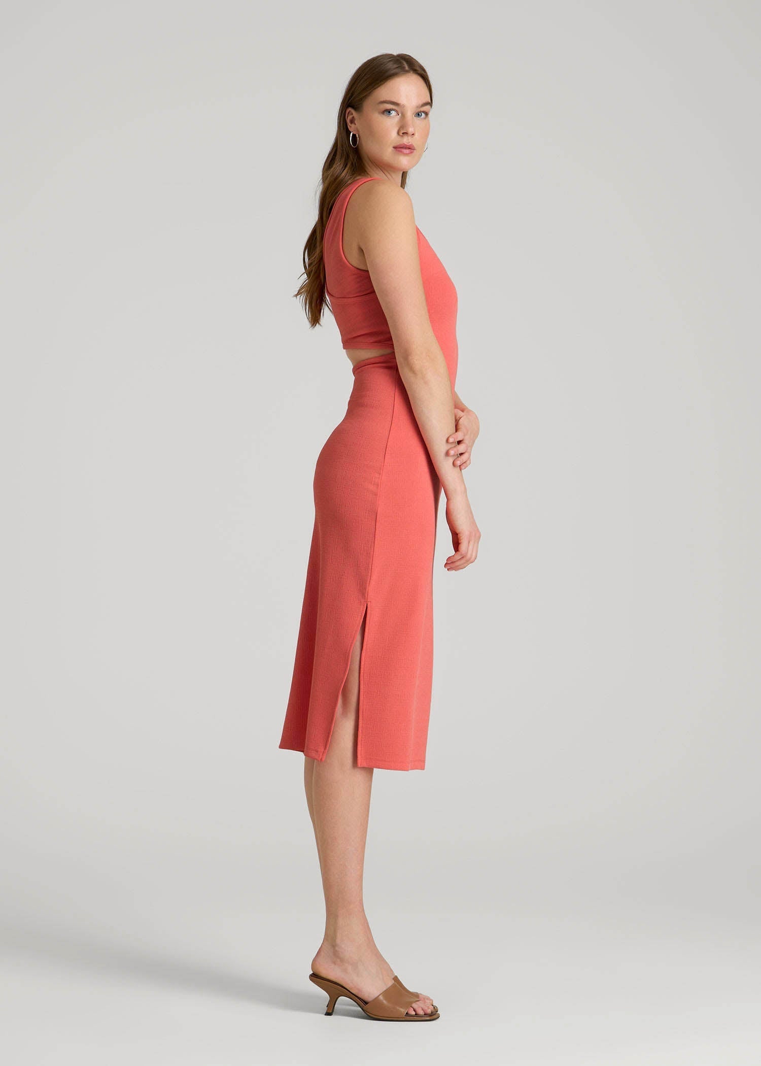 American Tall Discount | Midi Cross Back Sleeveless Dress for Tall Women in Sunset Coral