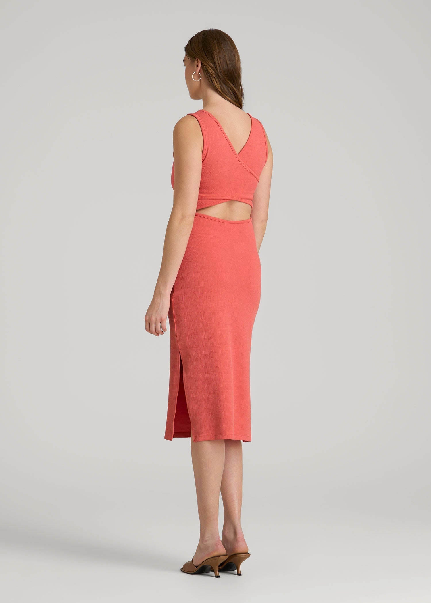 American Tall Discount | Midi Cross Back Sleeveless Dress for Tall Women in Sunset Coral
