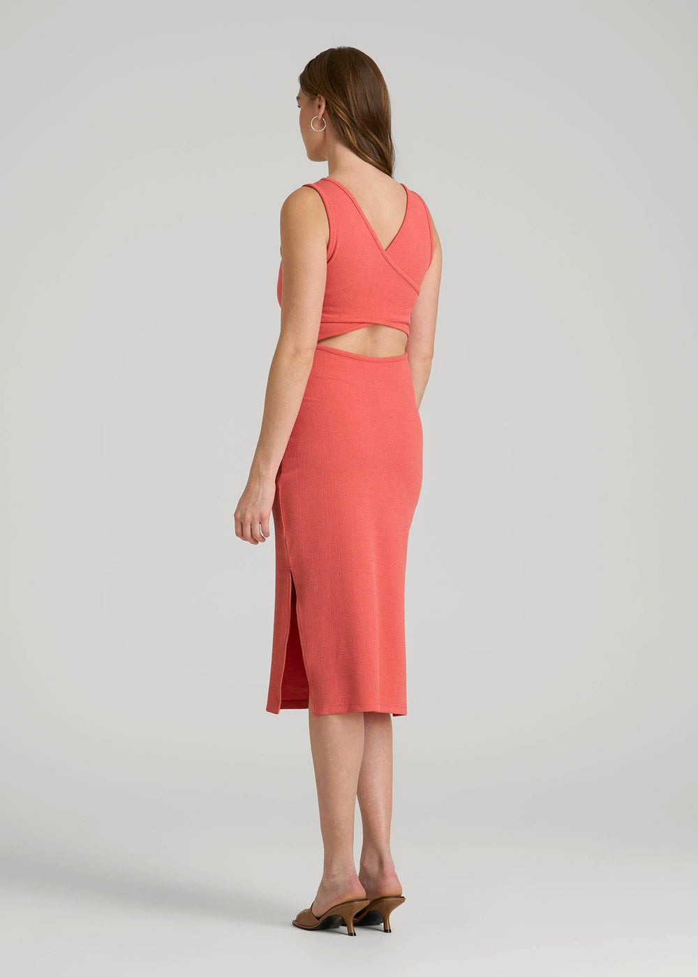 American Tall Discount | Midi Cross Back Sleeveless Dress for Tall Women in Sunset Coral