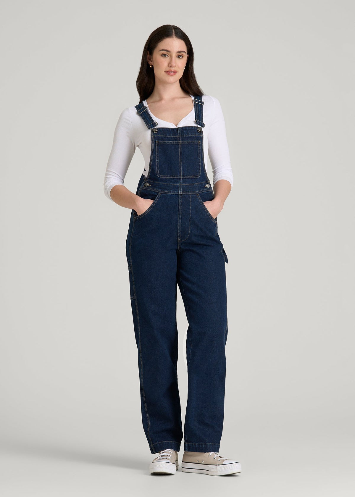 American Tall Online | Denim Overalls for Tall Women in Deep Indigo Wash