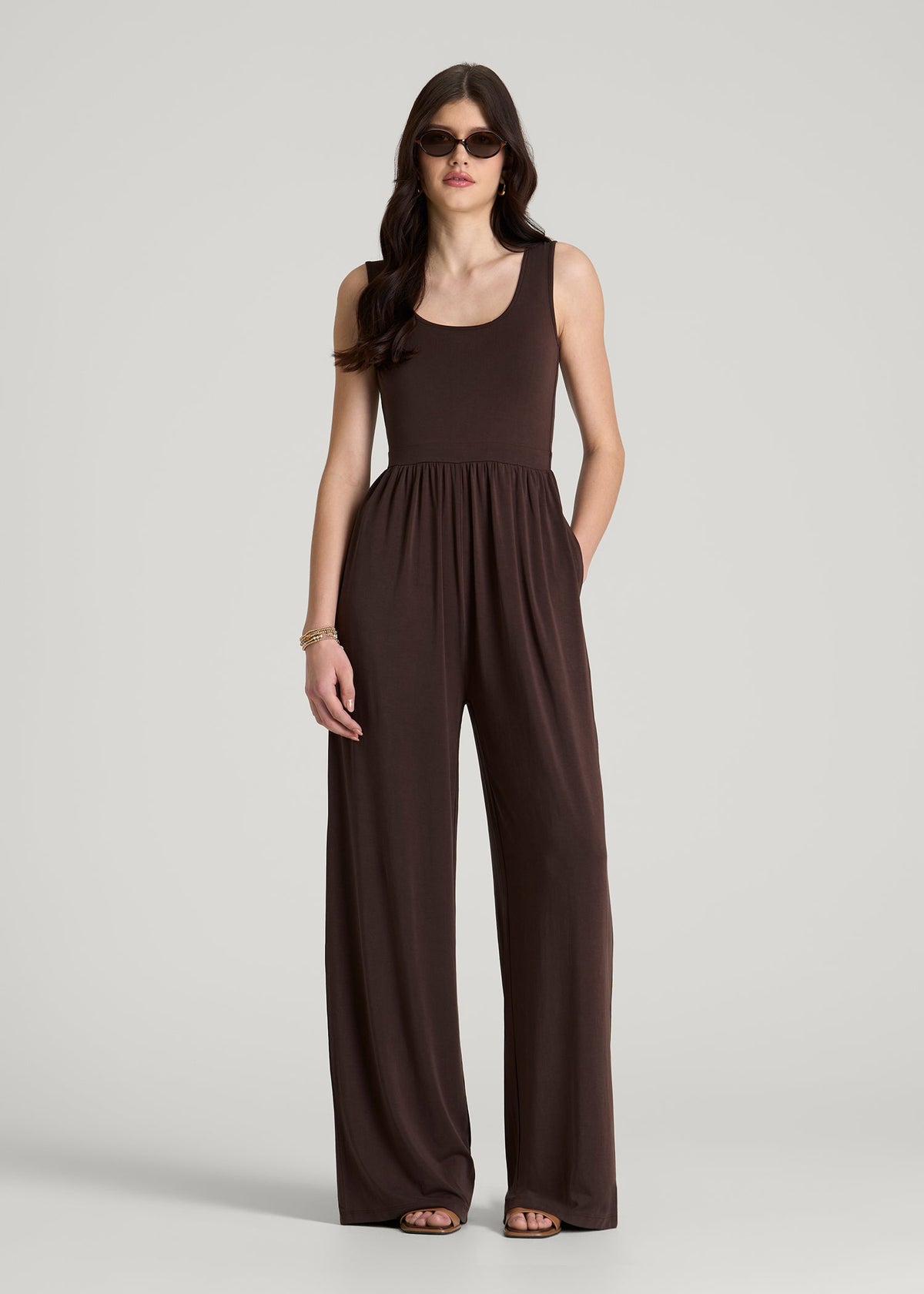 American Tall Sale | Jersey Tank wide leg jumpsuit with pockets for Tall Women in Espresso