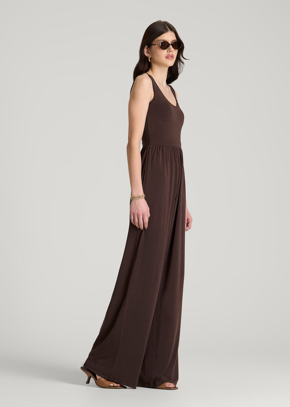 American Tall Sale | Jersey Tank wide leg jumpsuit with pockets for Tall Women in Espresso