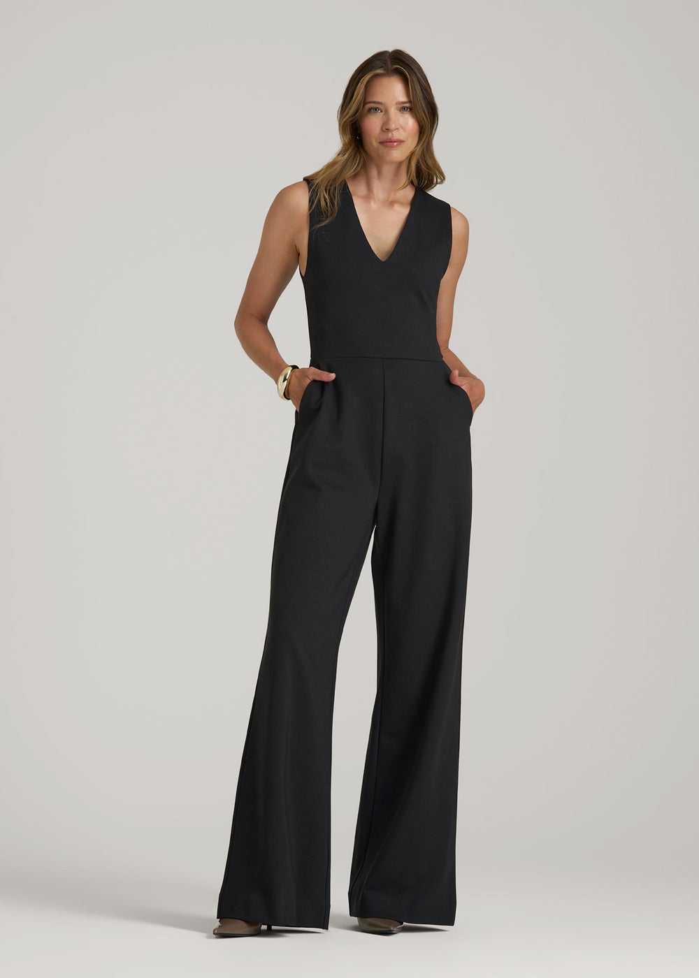 American Tall Outlet | Soft Flex Ponte Wide-Leg V-Neck Jumpsuit for Tall Women in Black