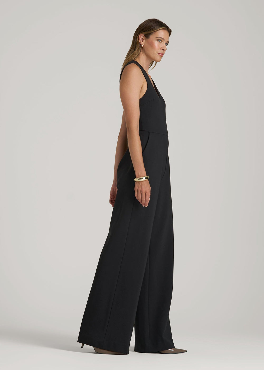 American Tall Outlet | Soft Flex Ponte Wide-Leg V-Neck Jumpsuit for Tall Women in Black