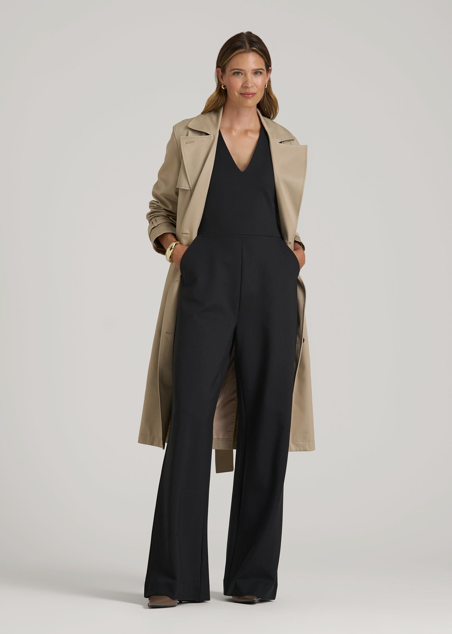 American Tall Outlet | Soft Flex Ponte Wide-Leg V-Neck Jumpsuit for Tall Women in Black