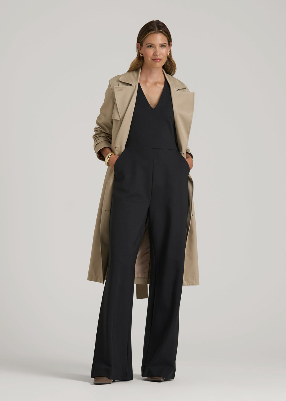 American Tall Outlet | Soft Flex Ponte Wide-Leg V-Neck Jumpsuit for Tall Women in Black